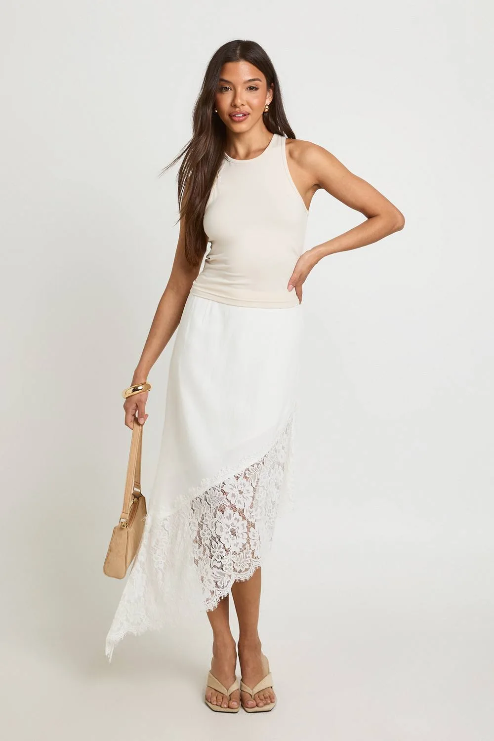 Linen Asymmetric Lace Skirt by boohoo