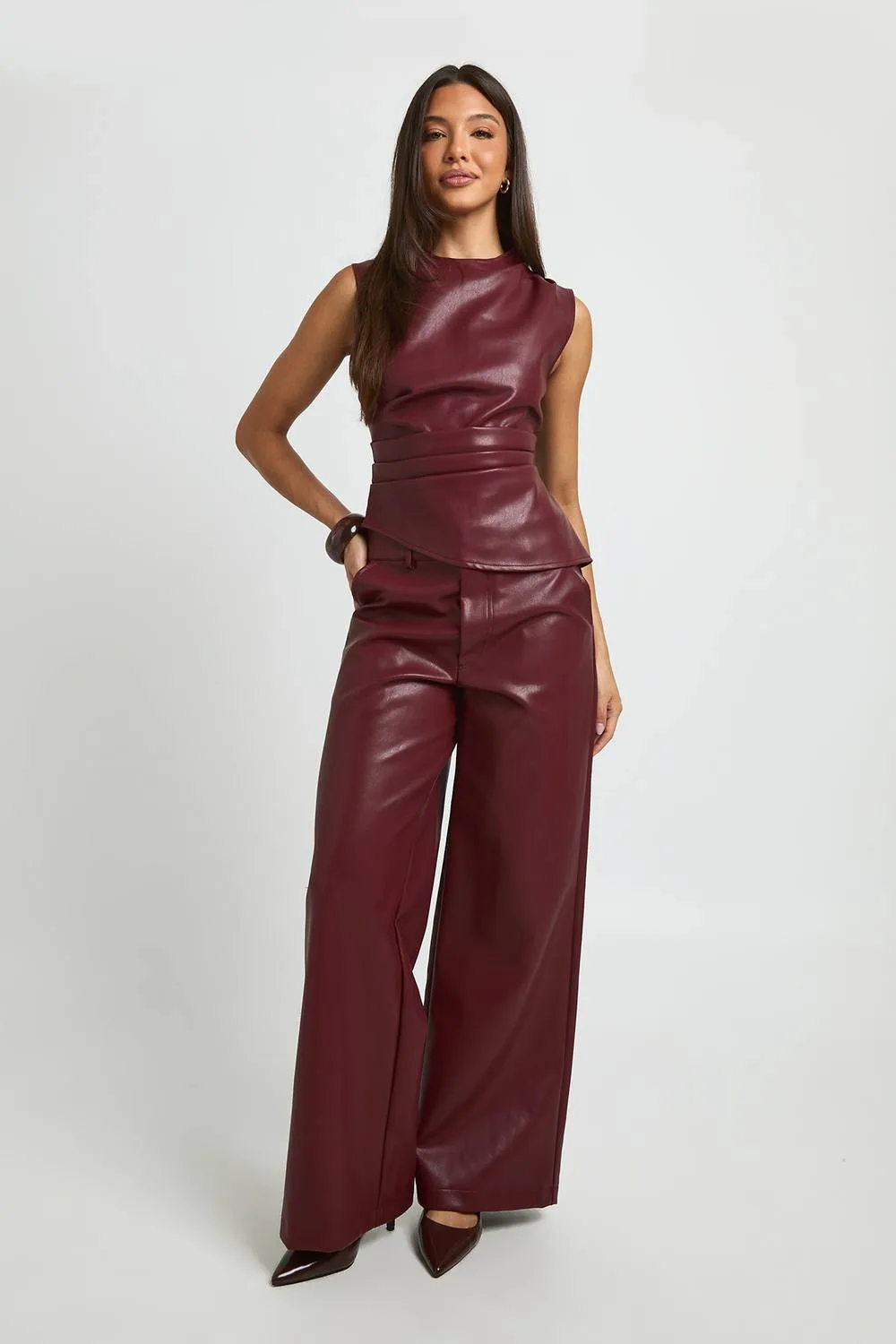 Leather Look Relaxed Fit Straight Leg Trousers by boohoo