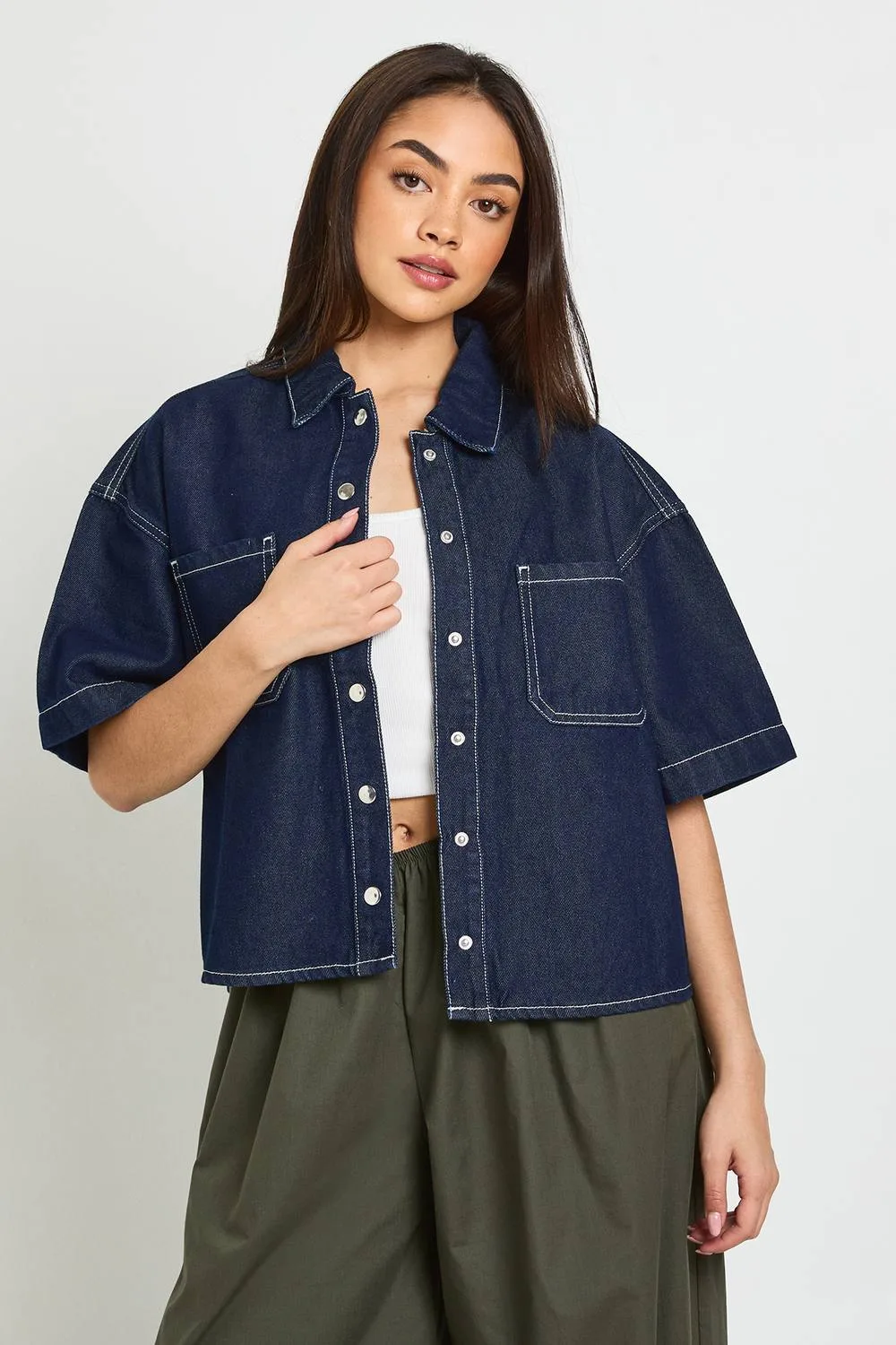 Oversized Short Sleeve Denim Shirt by boohoo