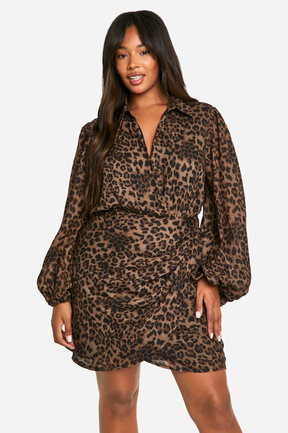 Leopard Print Blouson Sleeve Wrap Dress by boohoo
