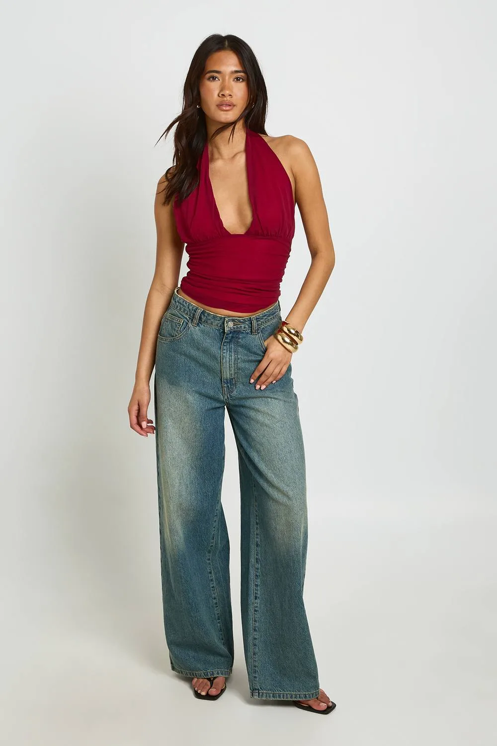 Textured Deep Plunge Halter Neck Top