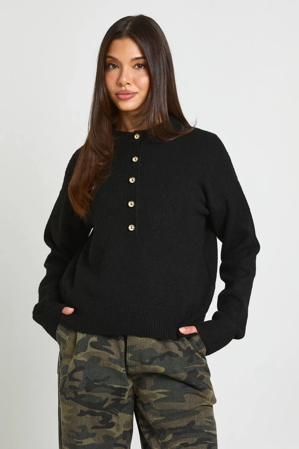 Gold Button Neck Jumper by boohoo