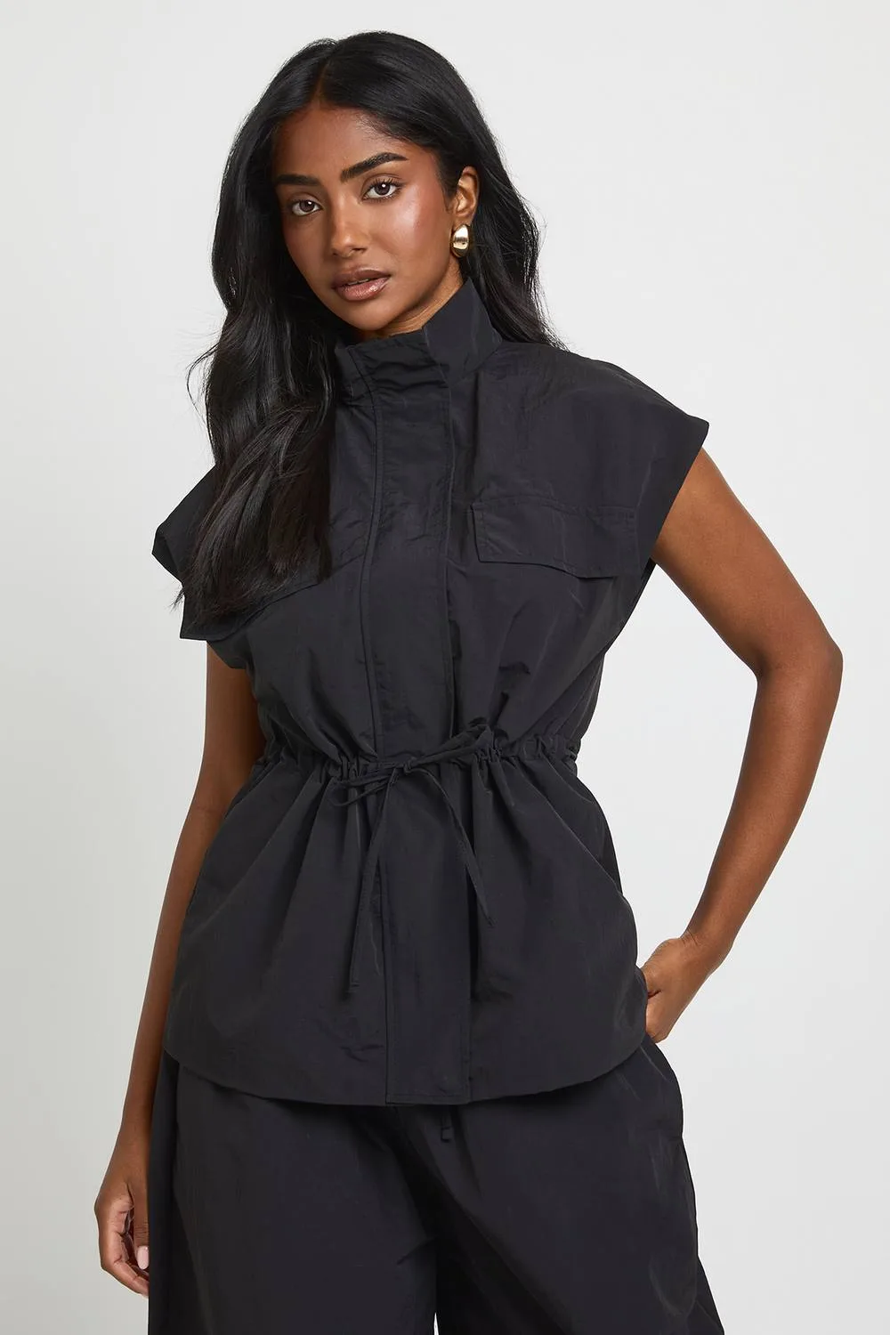 Sleeveless Funnel Cinched Shirt