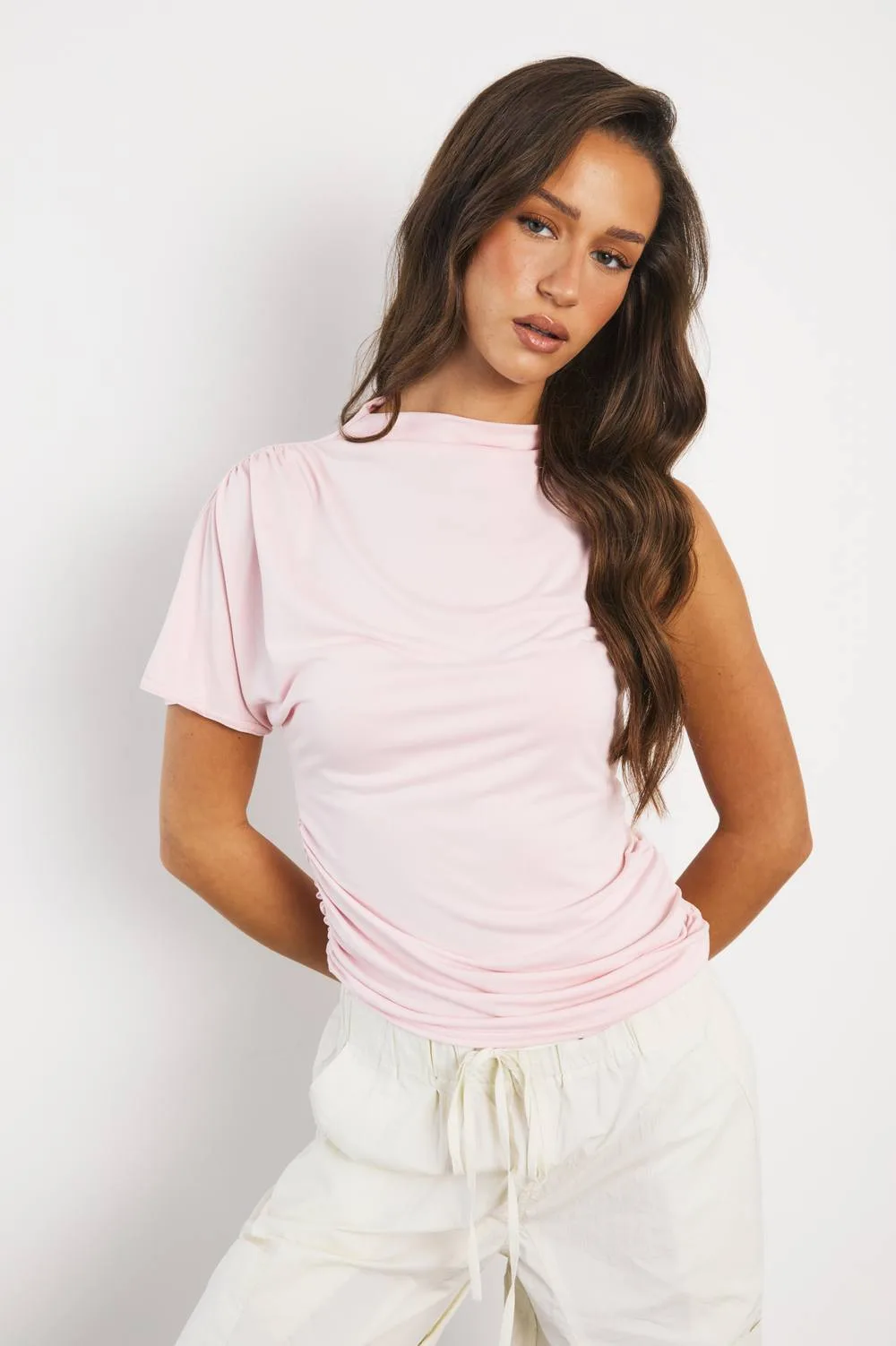 Ruched High Neck One Sleeve Top by boohoo