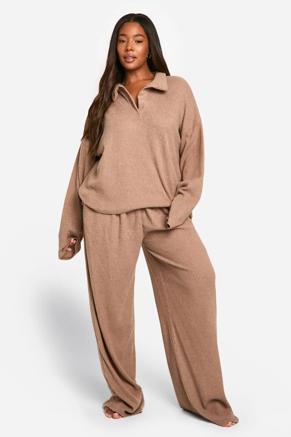 Soft Rib Collared Top & Trouser Lounge Set by boohoo
