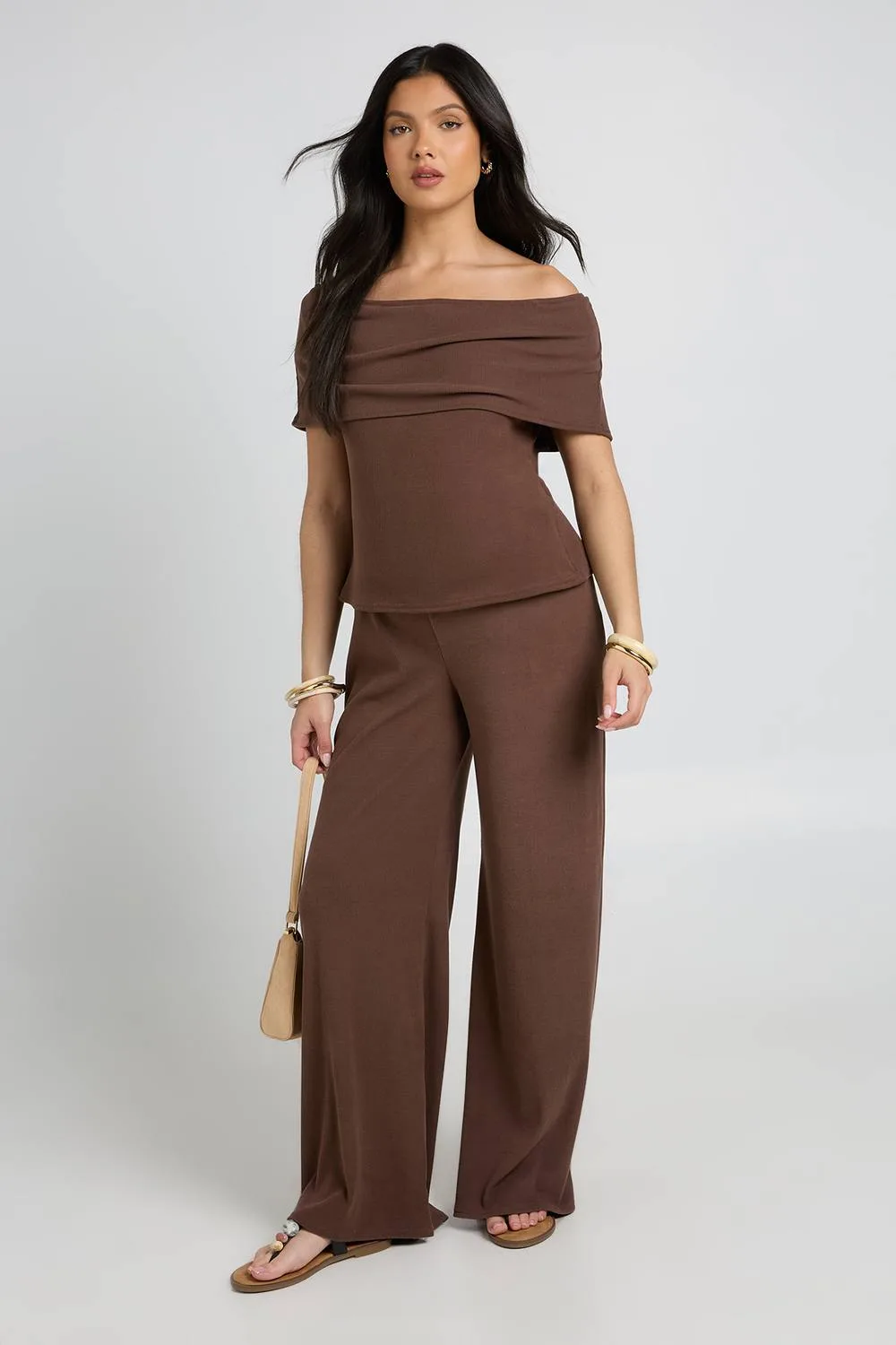 Soft Rib Bardot Top & Wide Leg Trouser Co Ord by boohoo