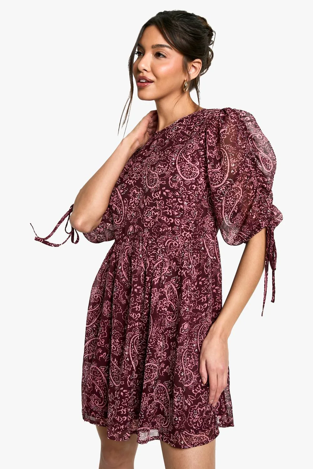 Paisley Ruched Sleeve Mini Dress by boohoo