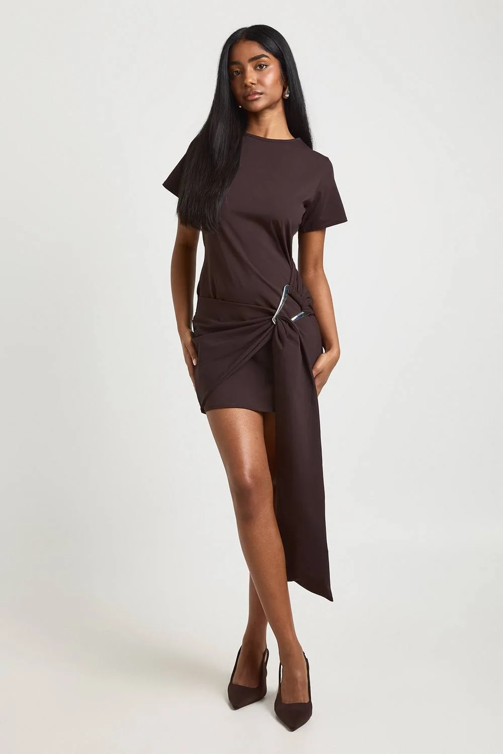 Gold Trim Belted Cap Sleeve Dress by boohoo