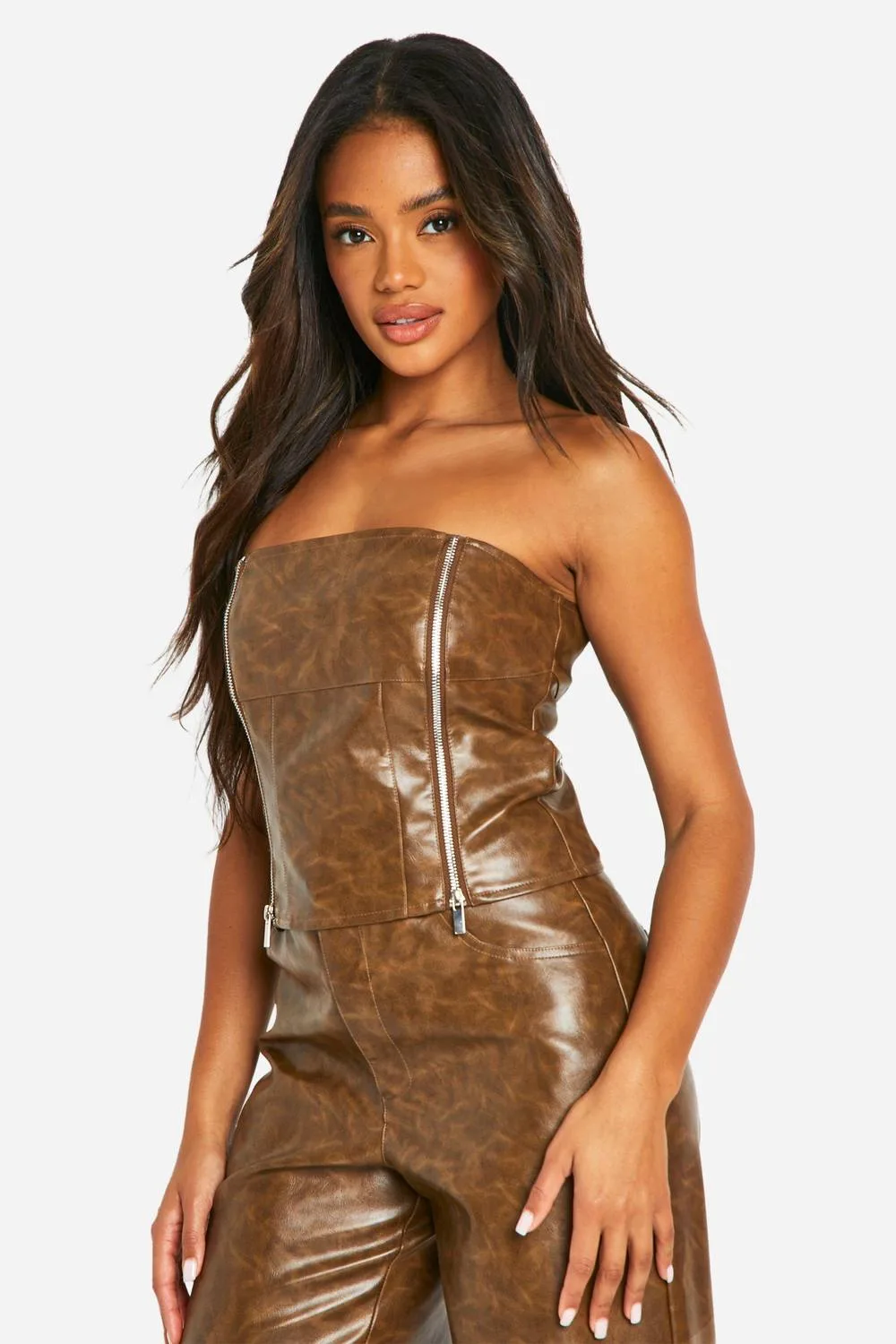 Washed Faux Leather Zip Detail Corset by boohoo