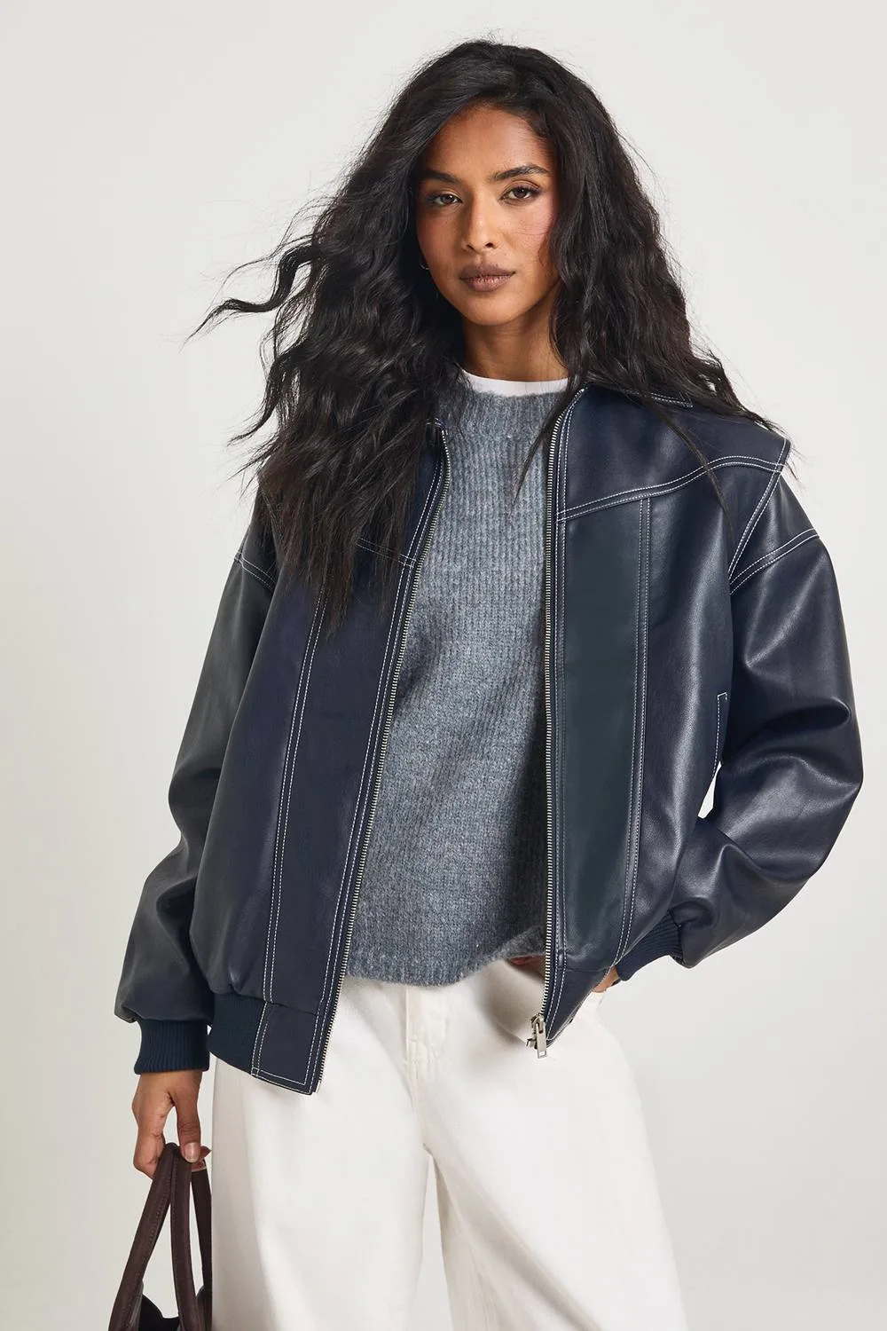 Faux Leather Contrast Stitch Bomber Jacket