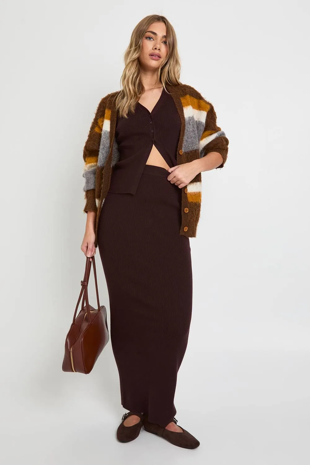 Chunky Rib V Neck Knitted Waistcoat & Maxi Skirt Co-Ord by boohoo