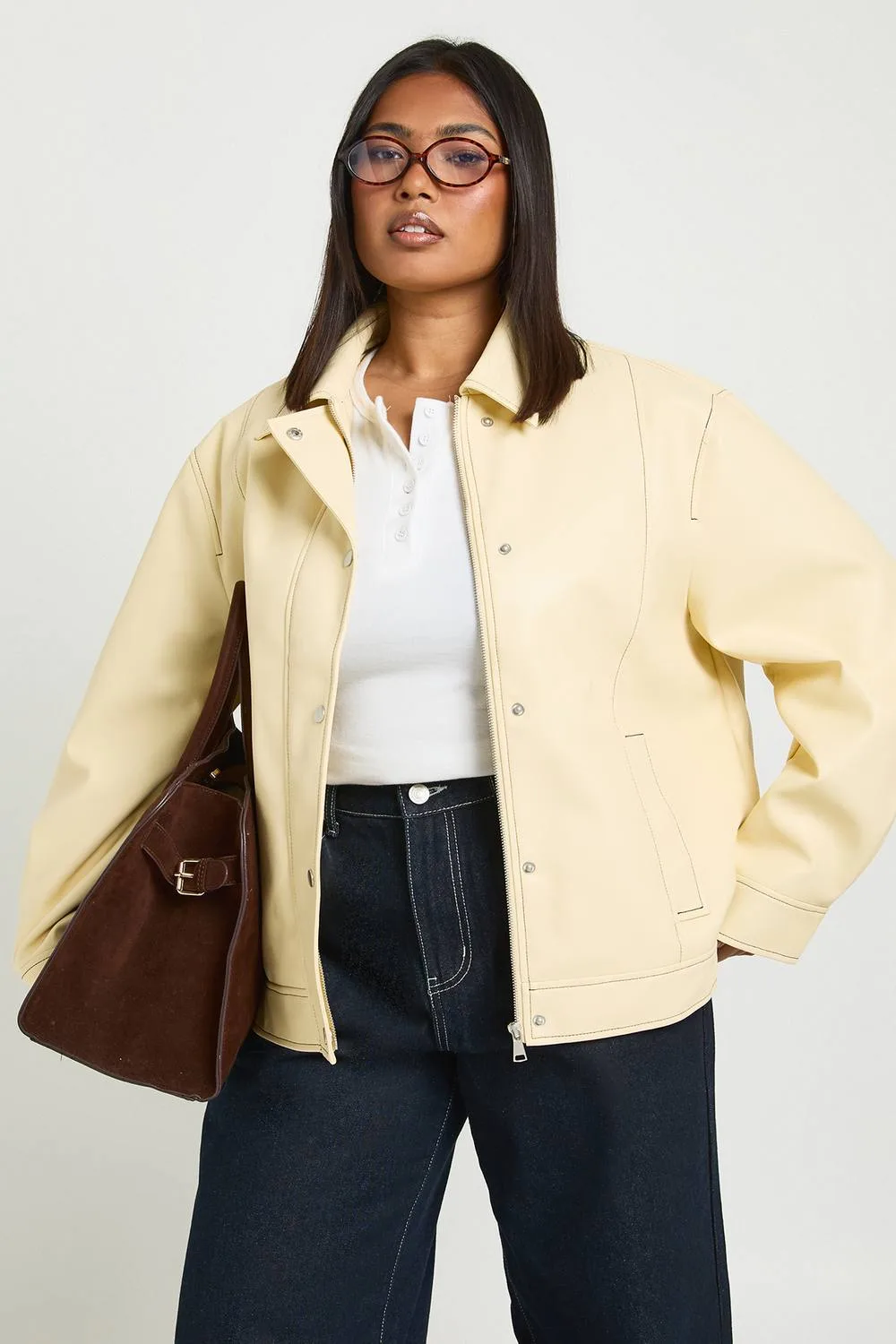 Faux Leather Contrast Stitch Jacket by boohoo