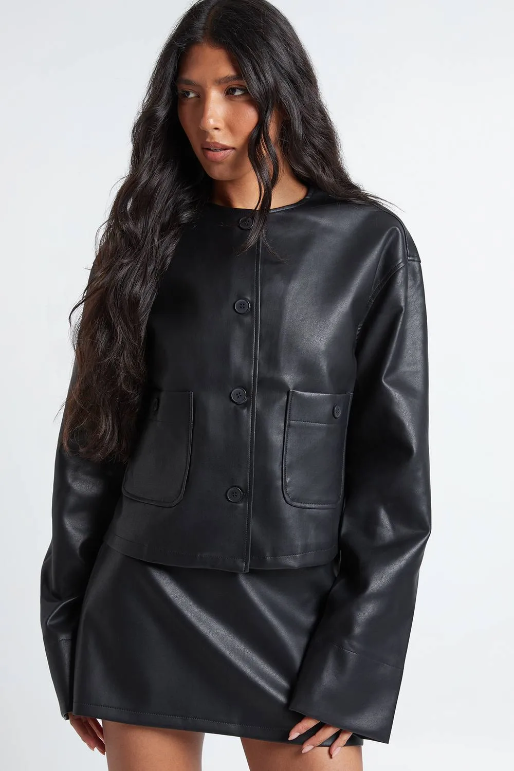 Faux Leather Boxy Collarless Shirt by boohoo