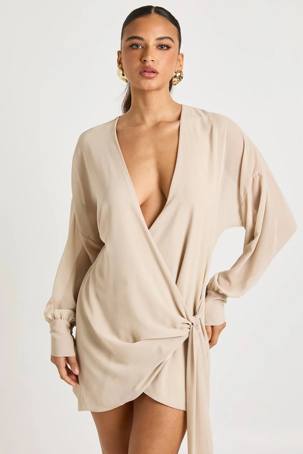 Long Sleeve Wrap Mini Dress - Stone by boohoo