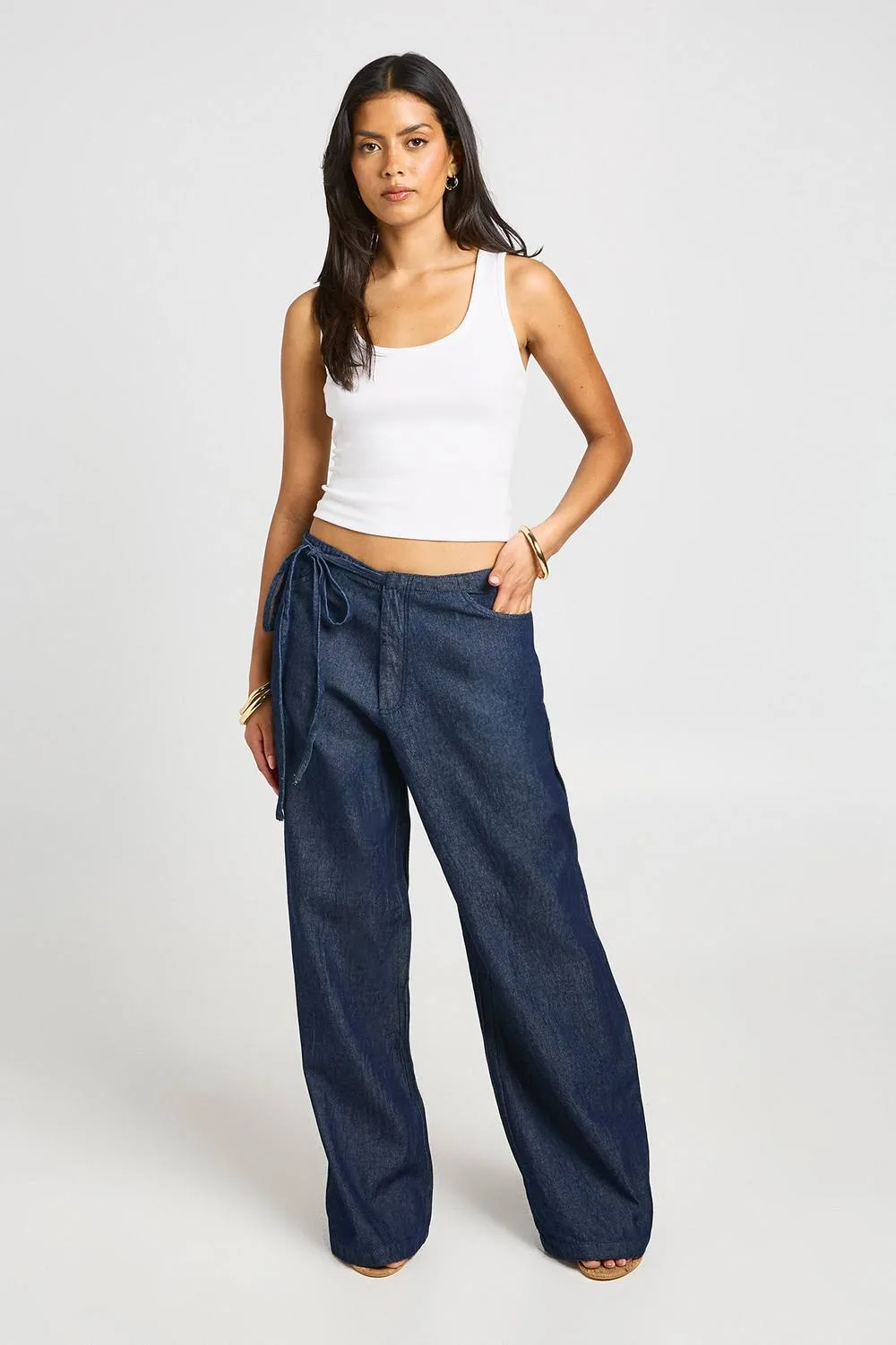 Chambray Tie Detail Wide Leg Trousers