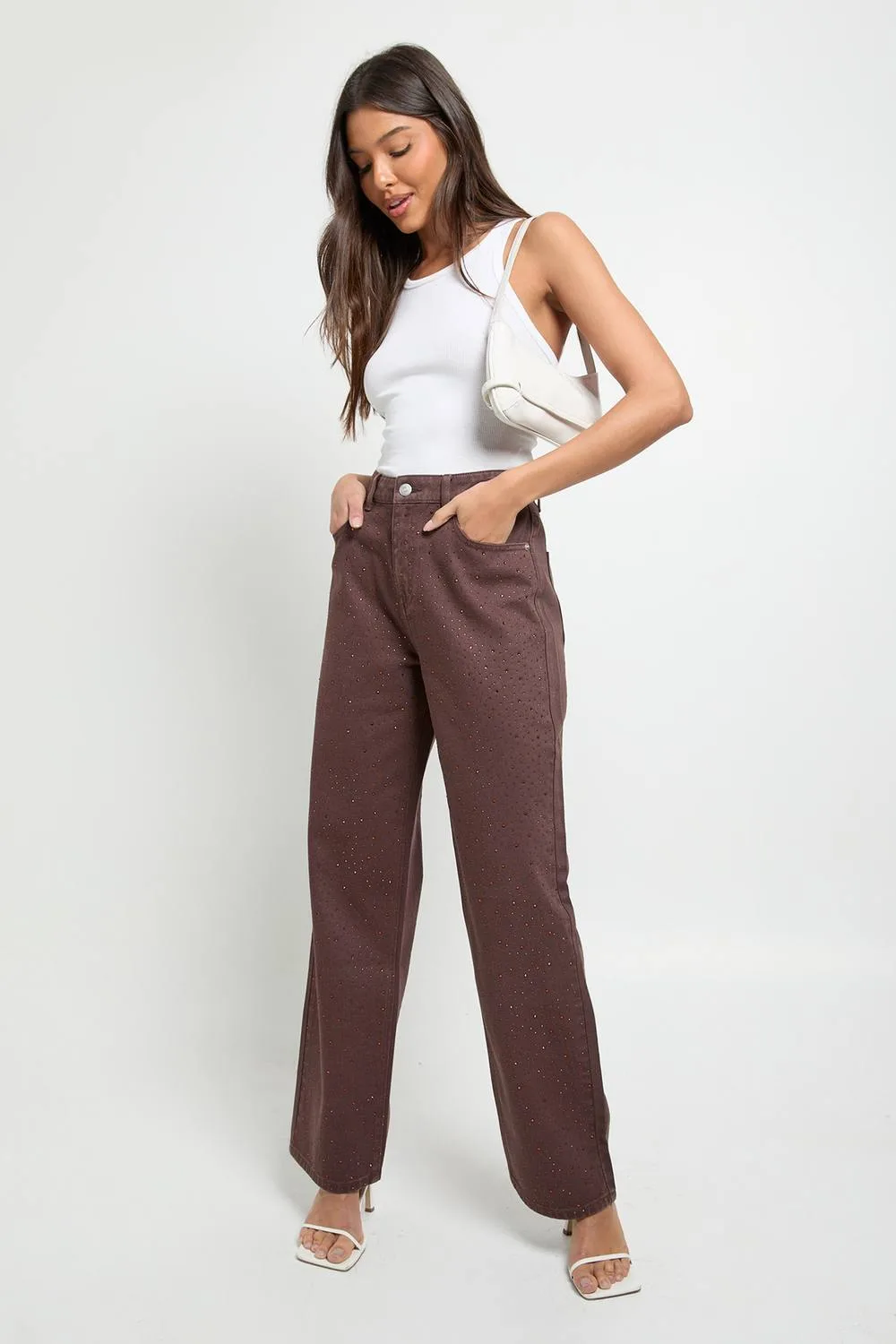 Embellished High Waist Wide Leg Jean by boohoo