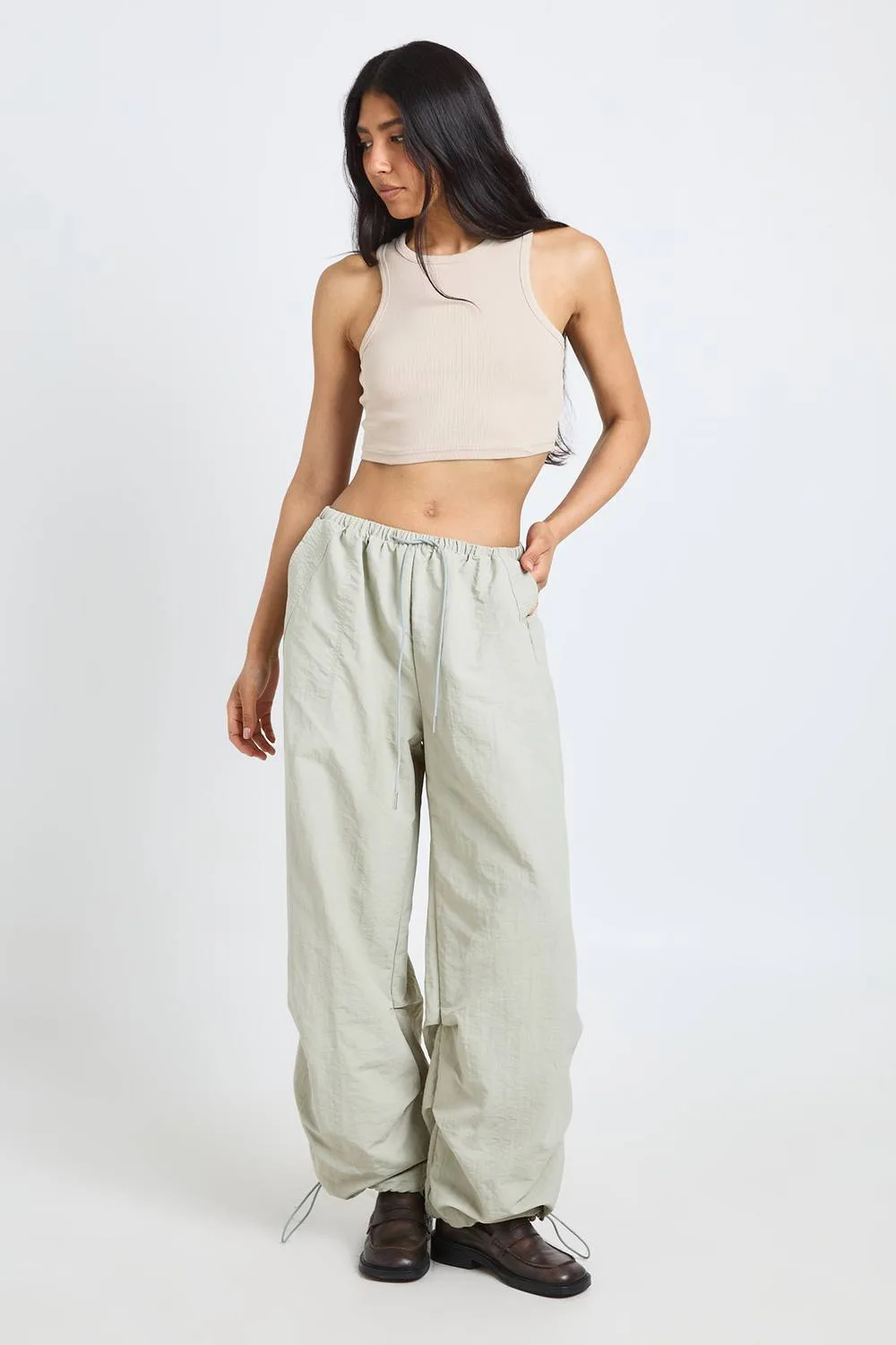 Drawcord Nylon Wide Leg Trousers by boohoo