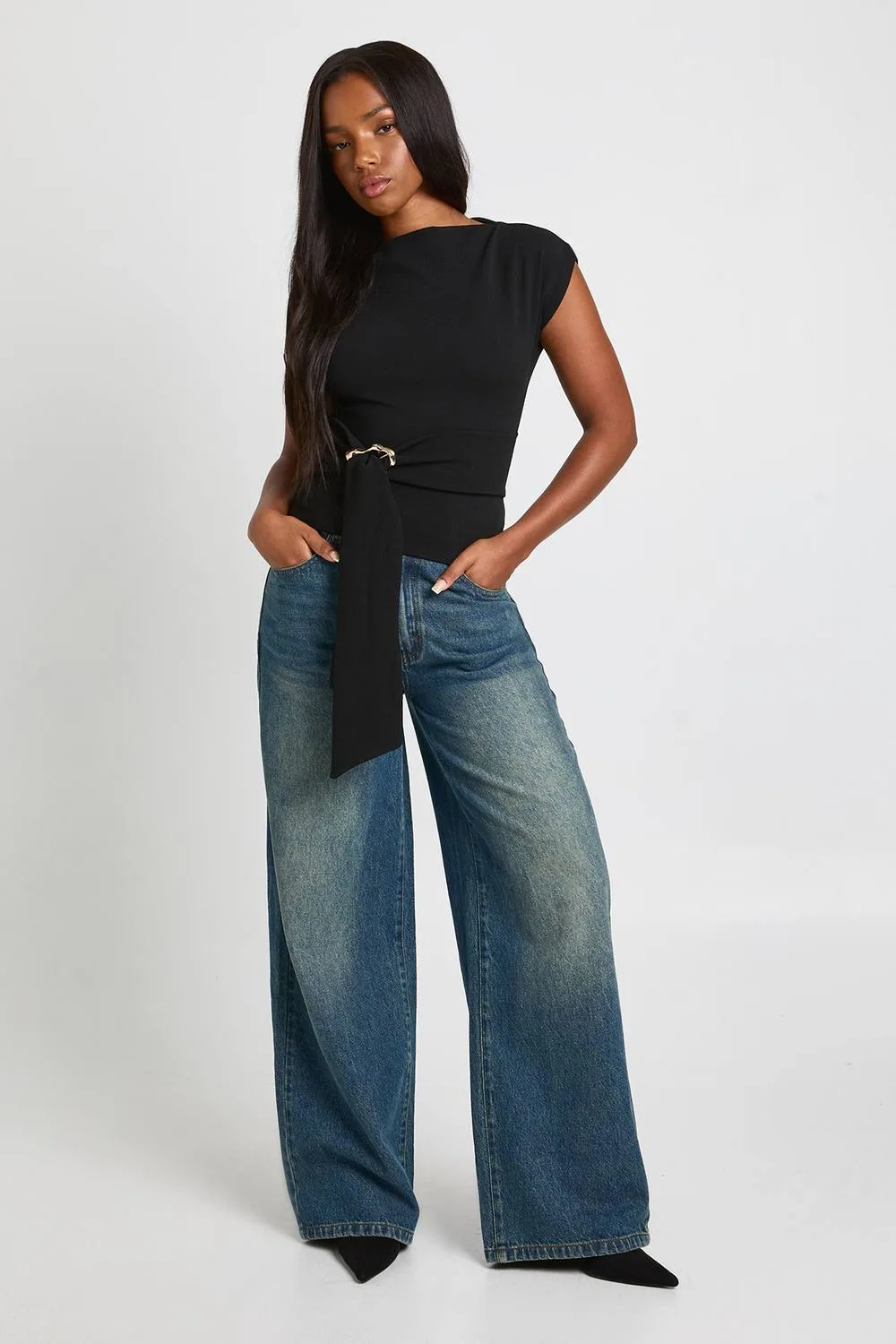 Crepe Grown on Neck Gold Trim Belt Detail Top by boohoo