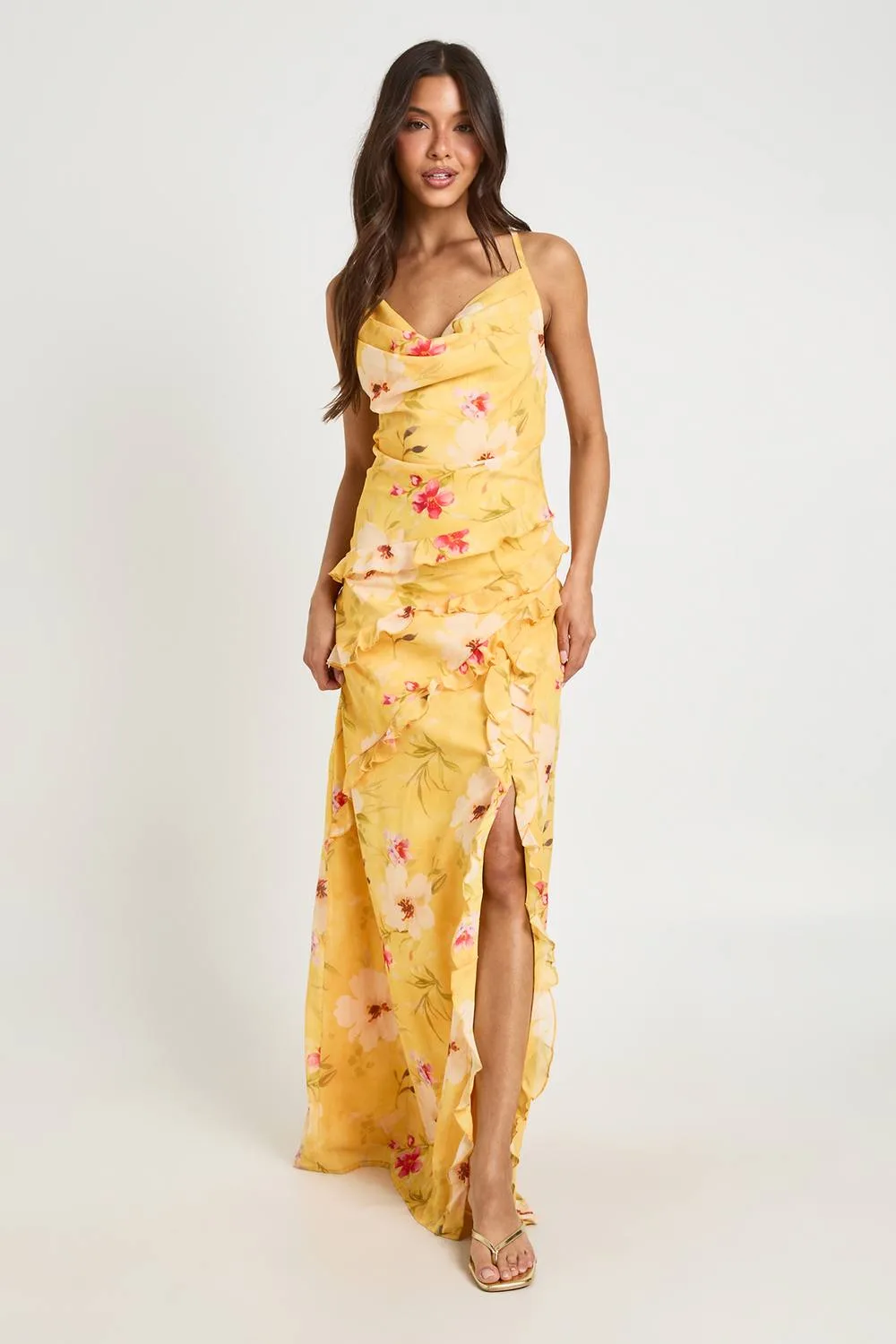 Chiffon Floral Cowl Neck Ruffle Detail Maxi Dress