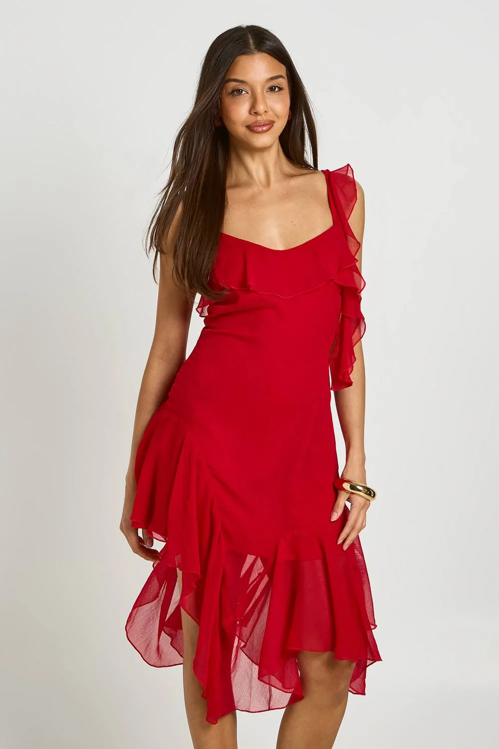Chiffon Ruffle Detail Asymmetric Midi Dress by boohoo