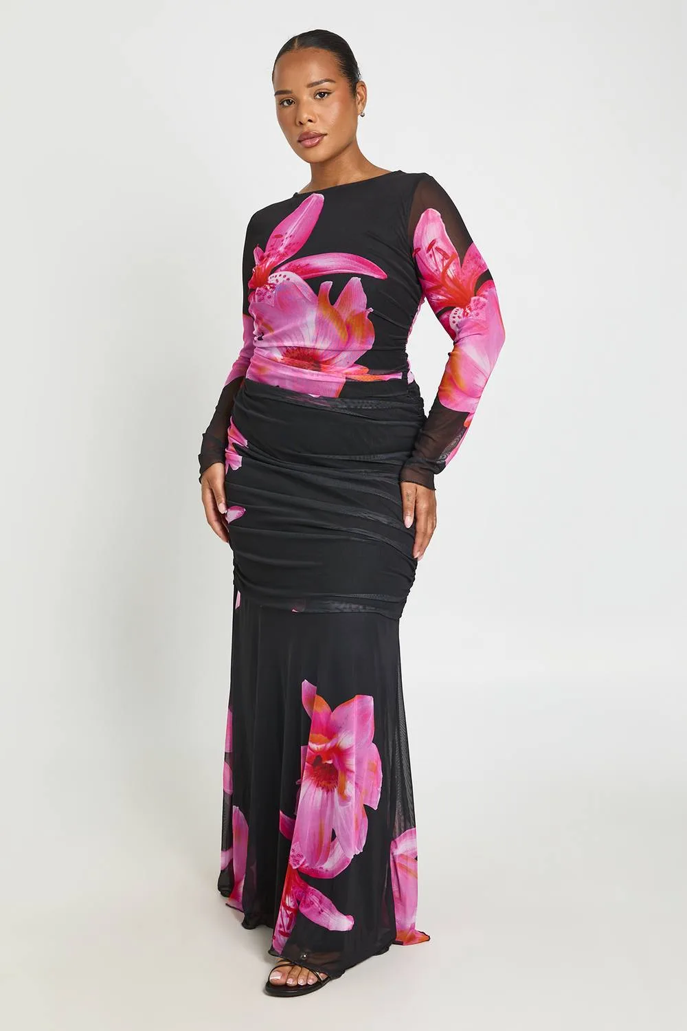 Floral Mesh Ruched Long Sleeve Maxi Dress by boohoo