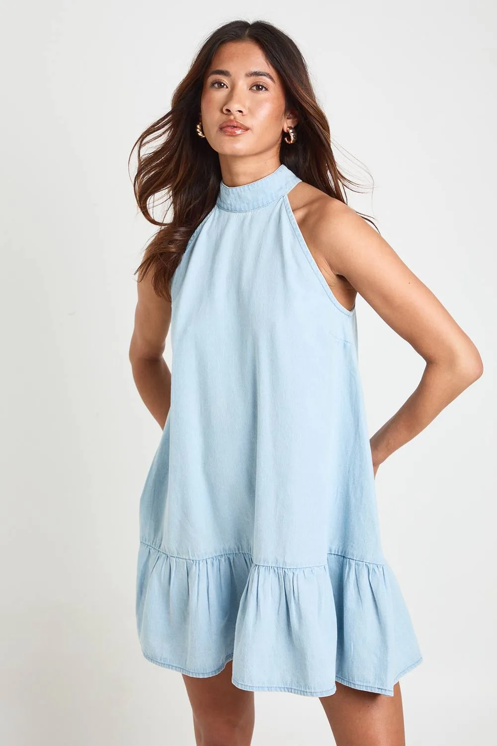Chambray Halter Smock Dress by boohoo