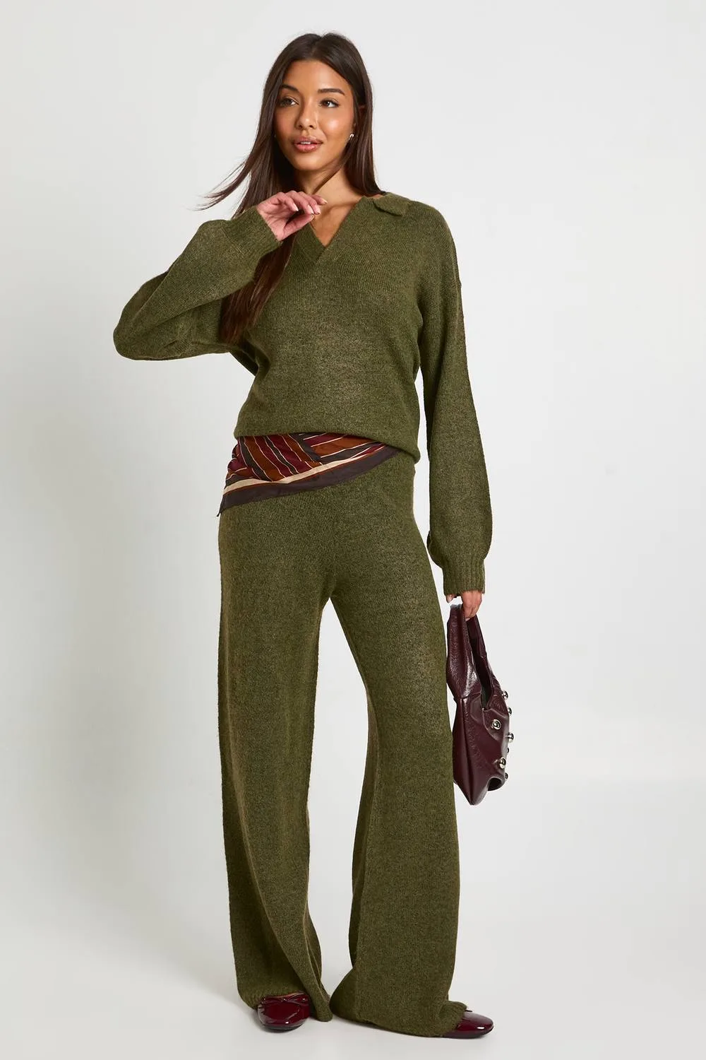 Super Soft V Neck Collared Knitted Jumper & Straight Leg Trouser Co-Ord by boohoo