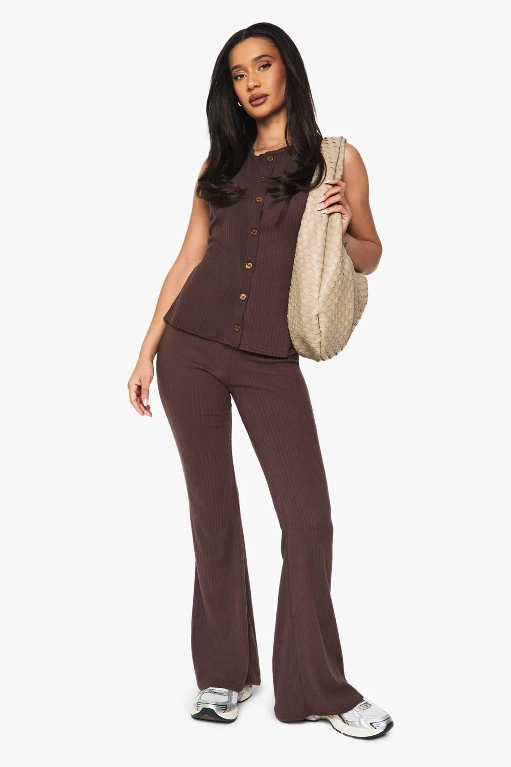 Rib Button Through Sleeveless Top & Trouser Set by boohoo