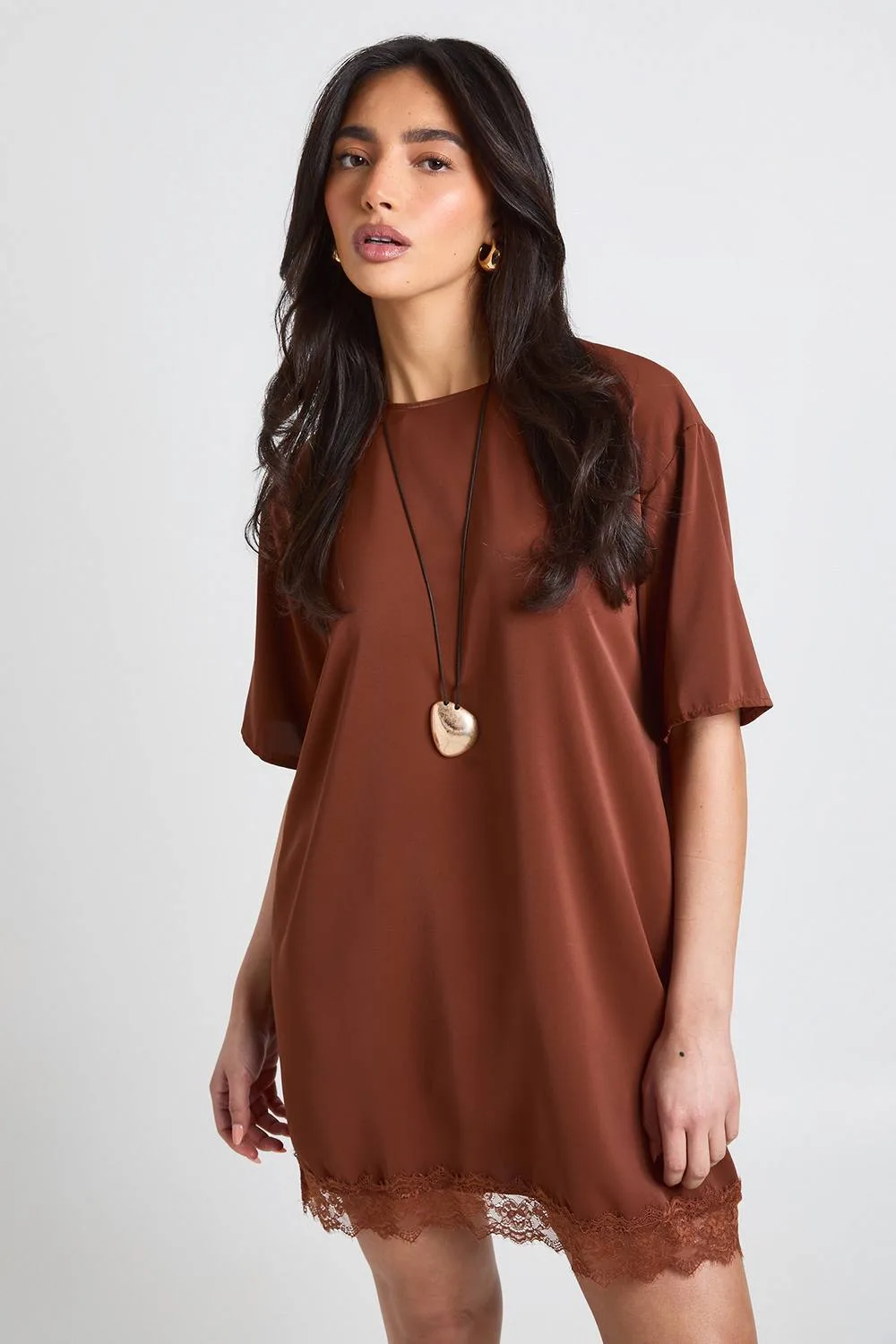 Lace Hem Oversized Woven T-Shirt Dress by boohoo