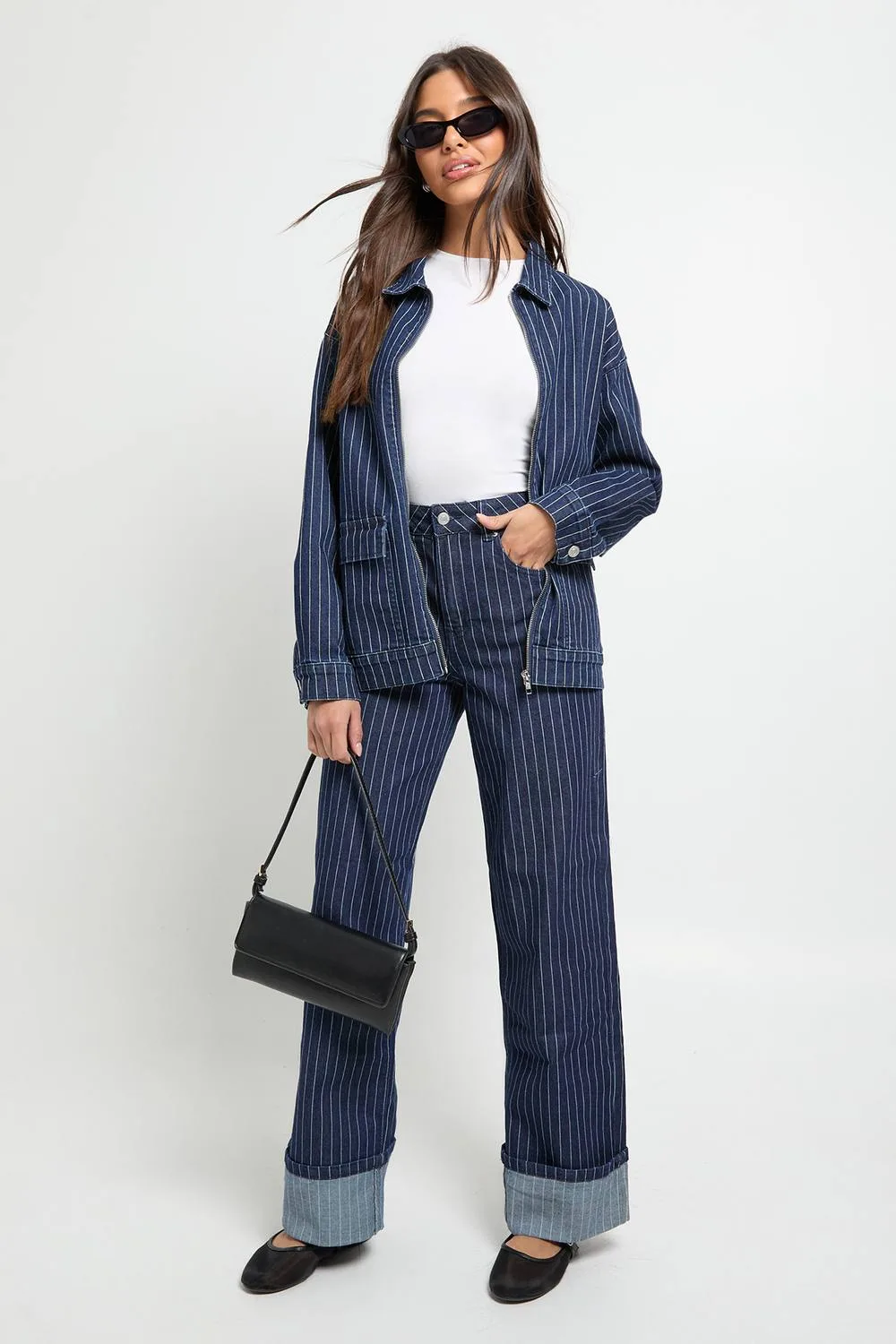 High Waist Striped Turn Up Wide Leg Jean