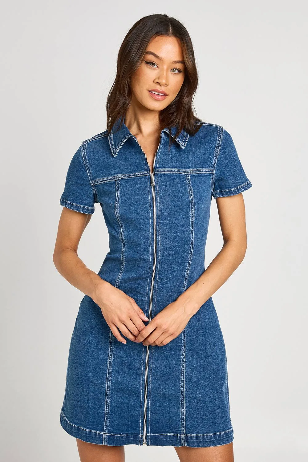 Short Sleeve Zip Front Denim Dress