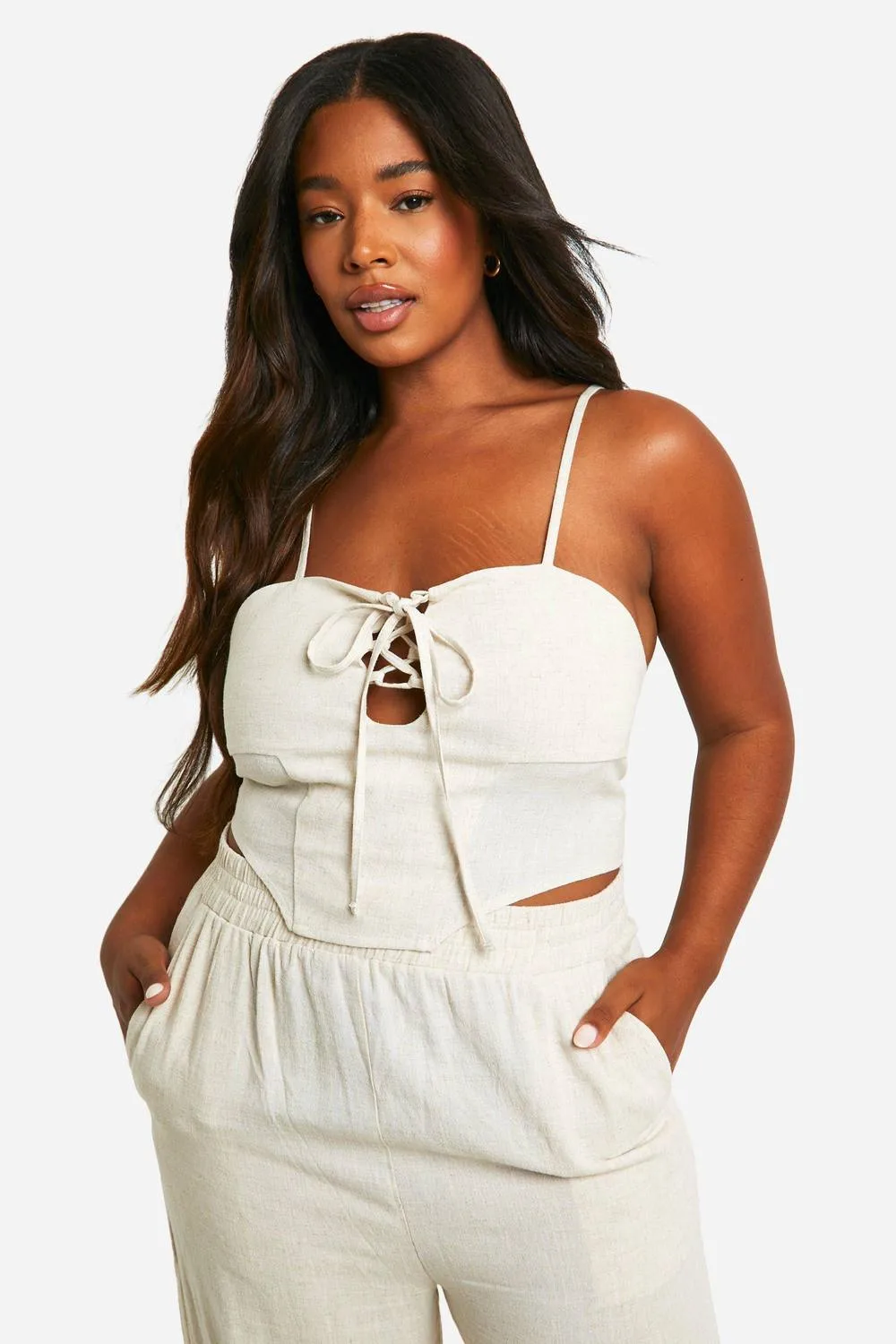 Linen Look Lace Up Corset Top - Stone by boohoo