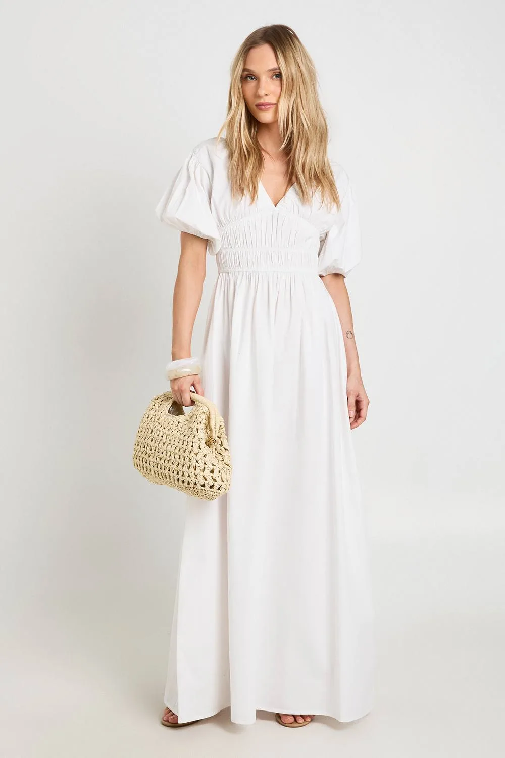 Cotton Poplin Shirred Bodice V Neck Puff Sleeve Maxi Dress by boohoo