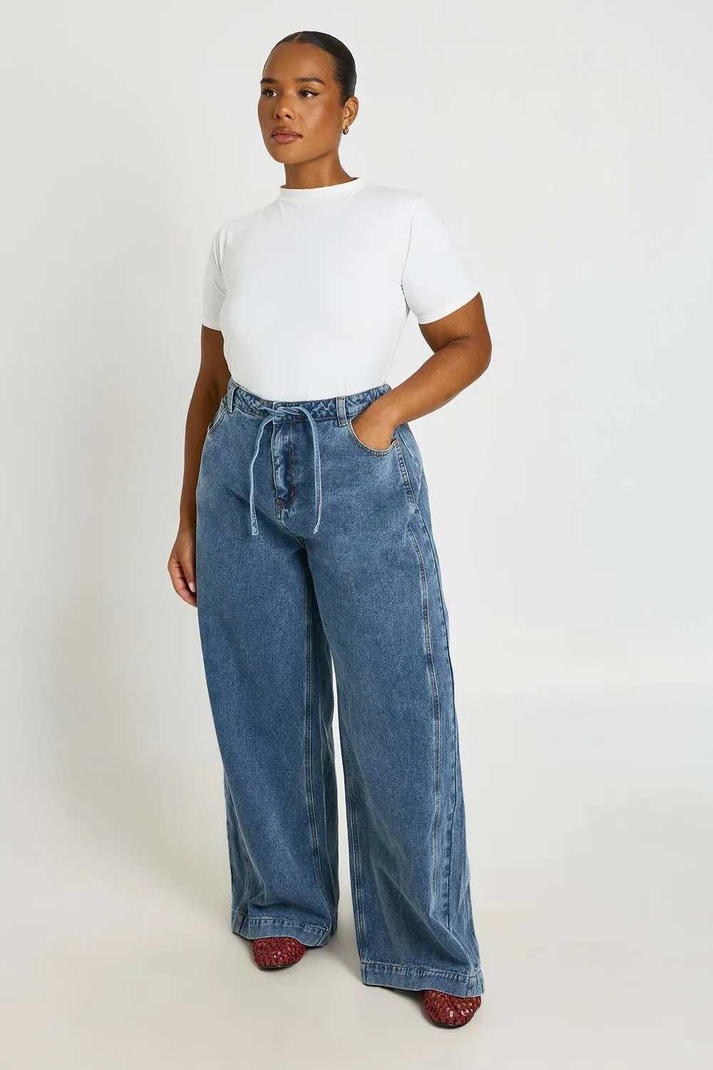 Tie Elasticated Waist Back Washed Wide Leg Jeans by boohoo