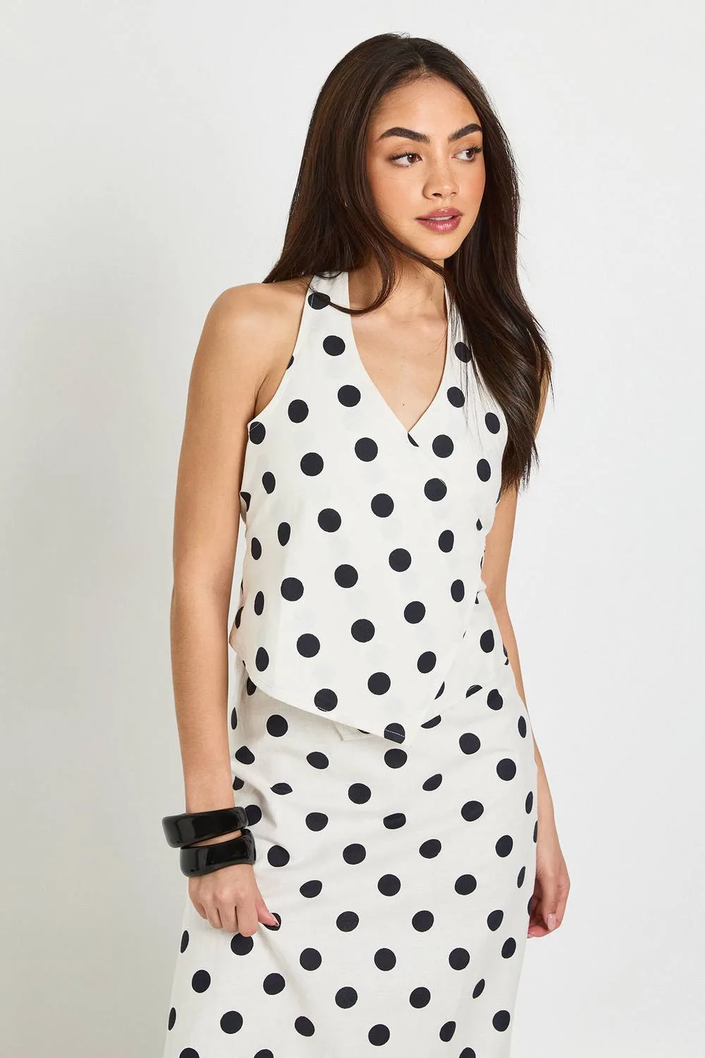 Polka Dot Linen Look Halterneck Wrap Top by boohoo