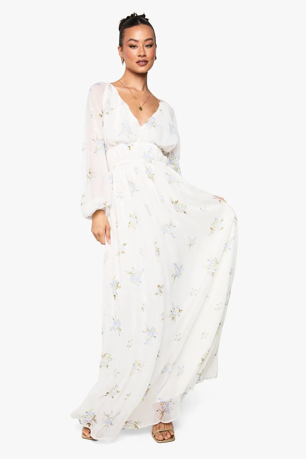 Chiffon Floral Volume Sleeve Ruched Waist Maxi Dress by boohoo