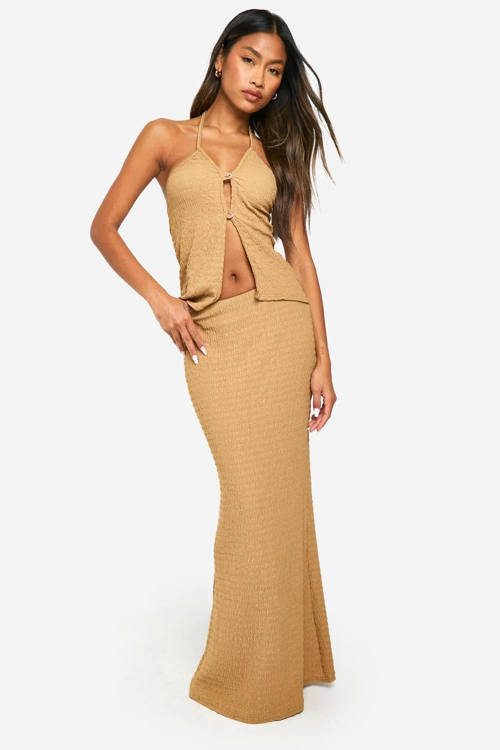 Textured Crinkle Halter & Flared Hem Maxi Skirt by boohoo