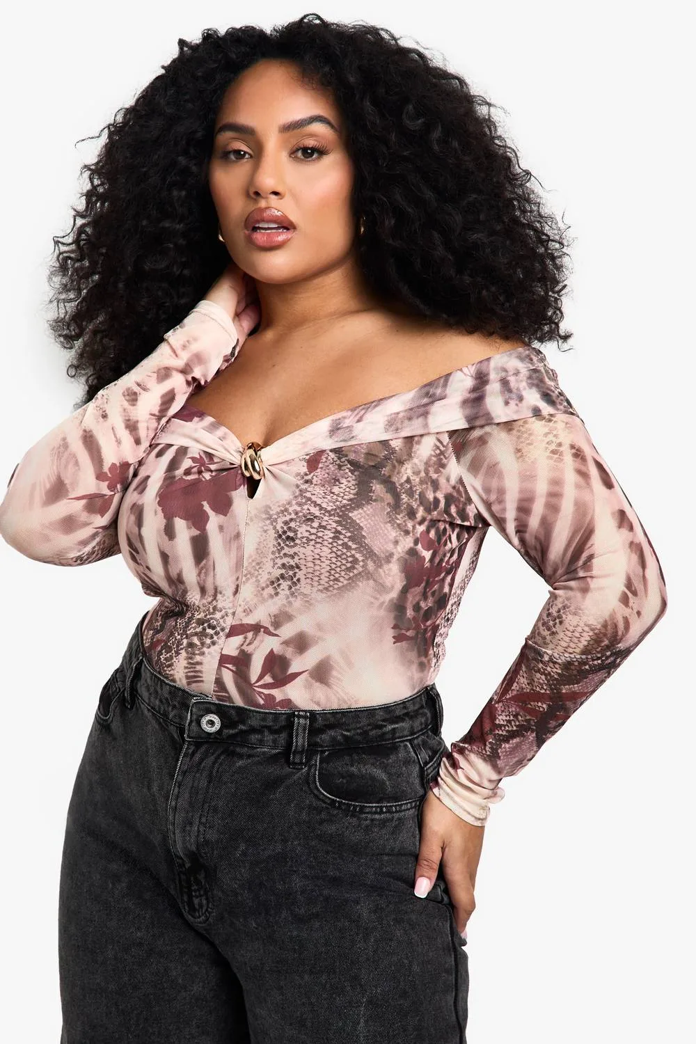 Off-The Shoulder Printed Bodysuit by boohoo