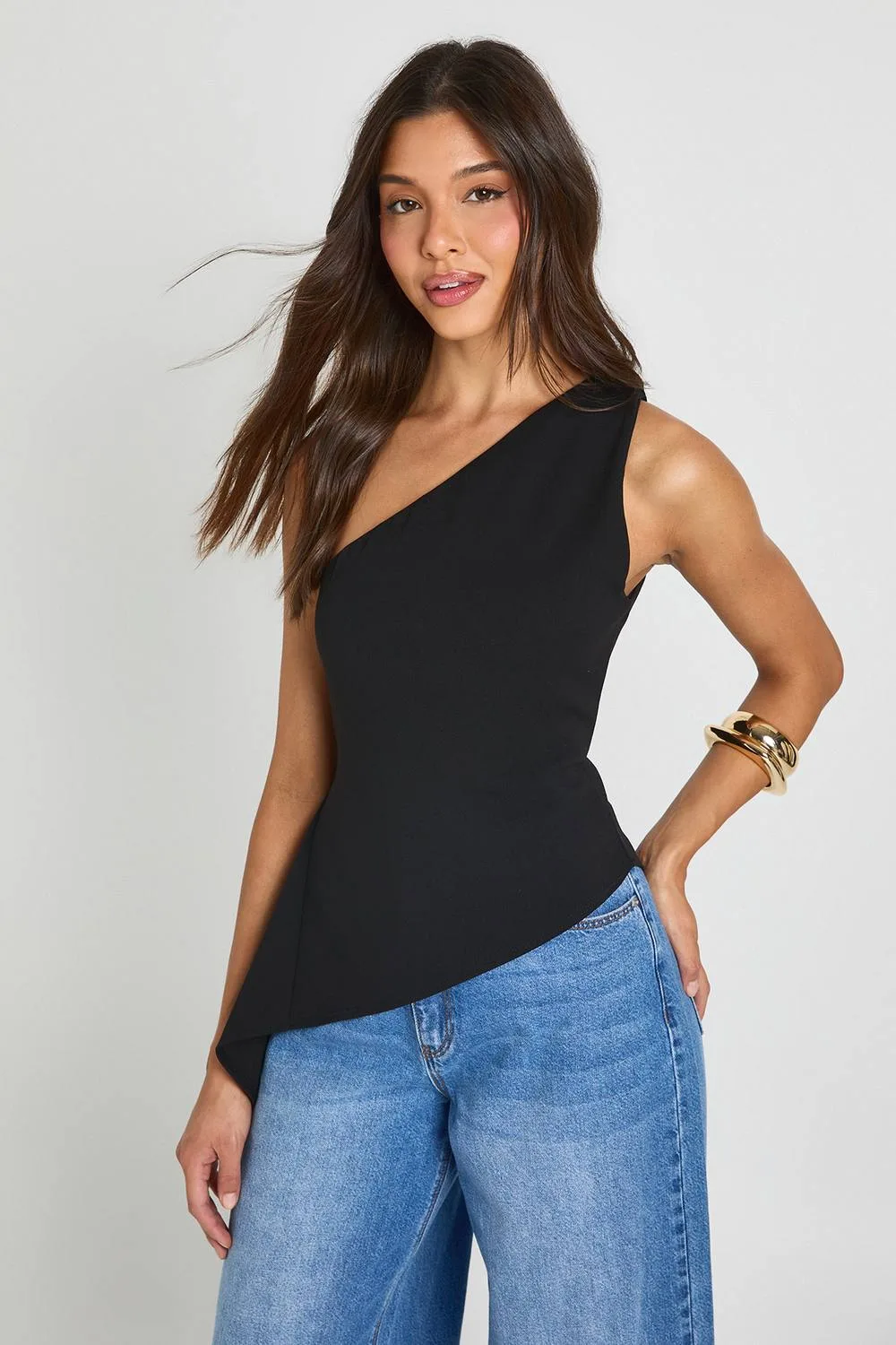 Scuba Crepe One Shoulder Asym Hem Top