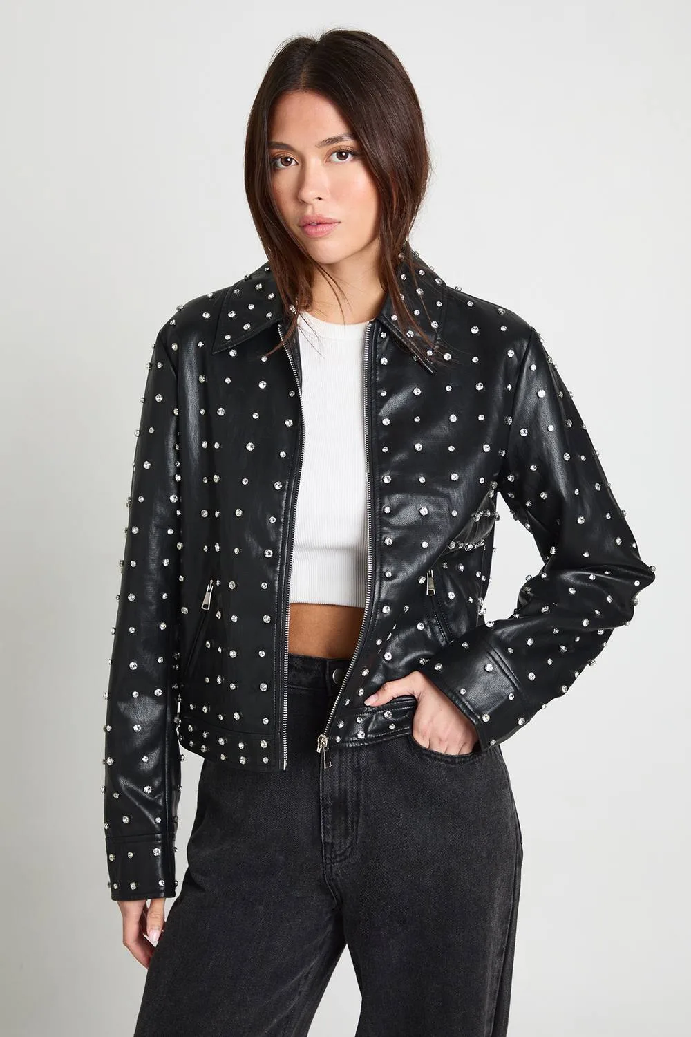 Super Soft Premium Faux Leather Diamante Jacket by boohoo