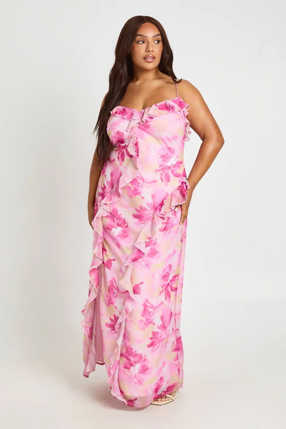 Floral Chiffon Strappy Ruffle Maxi Dress
