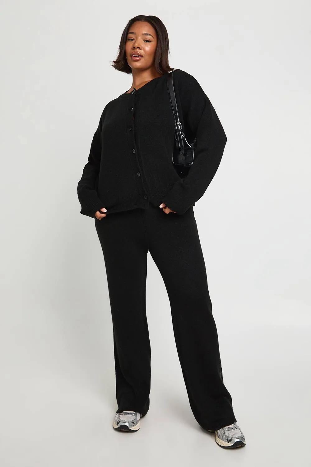 Crew Neck Knitted Boxy Cardigan & Wide Leg Trouser Co-Ord by boohoo