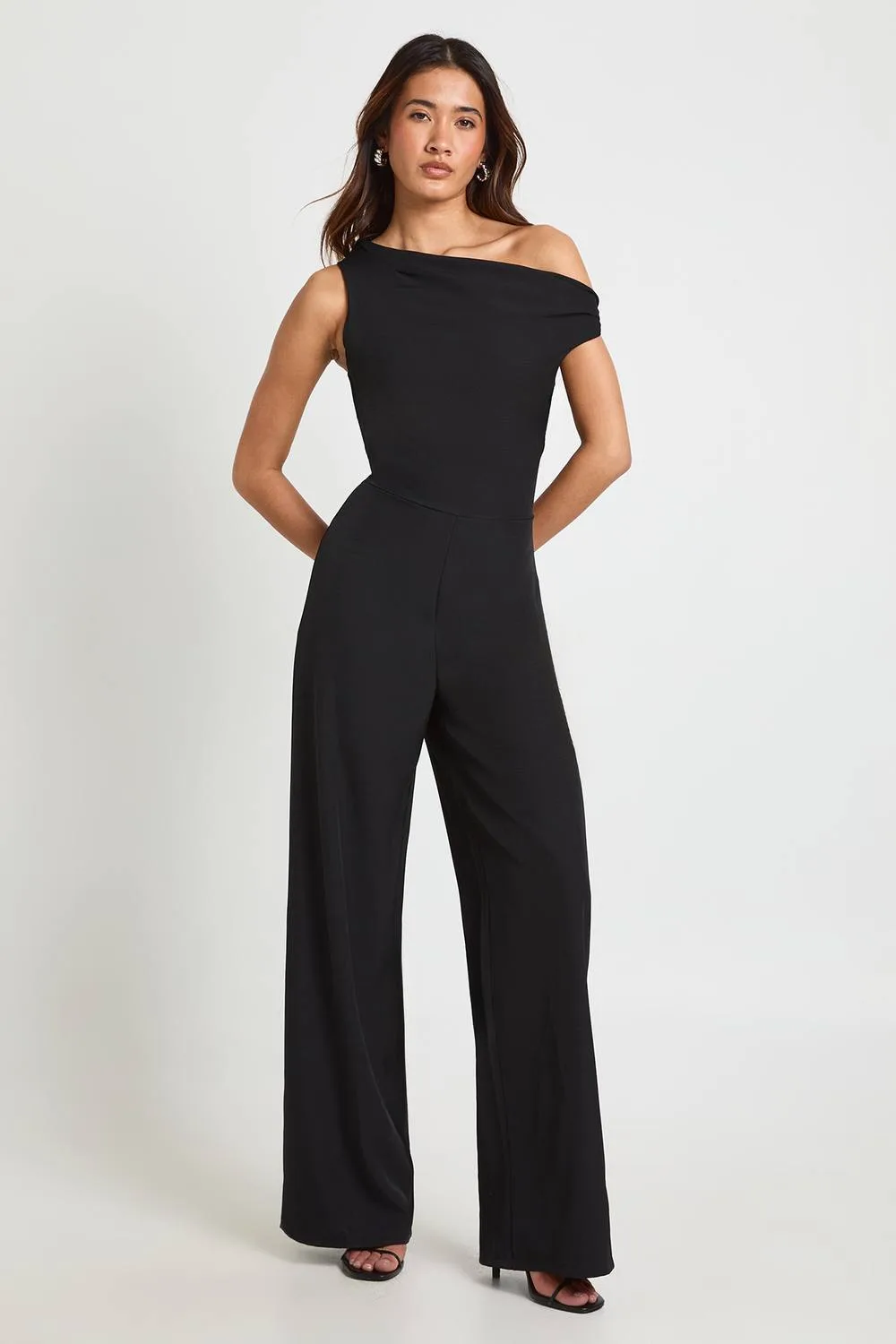 Linen Look Asymmetric Neck Line Wide Leg Jumpsuit