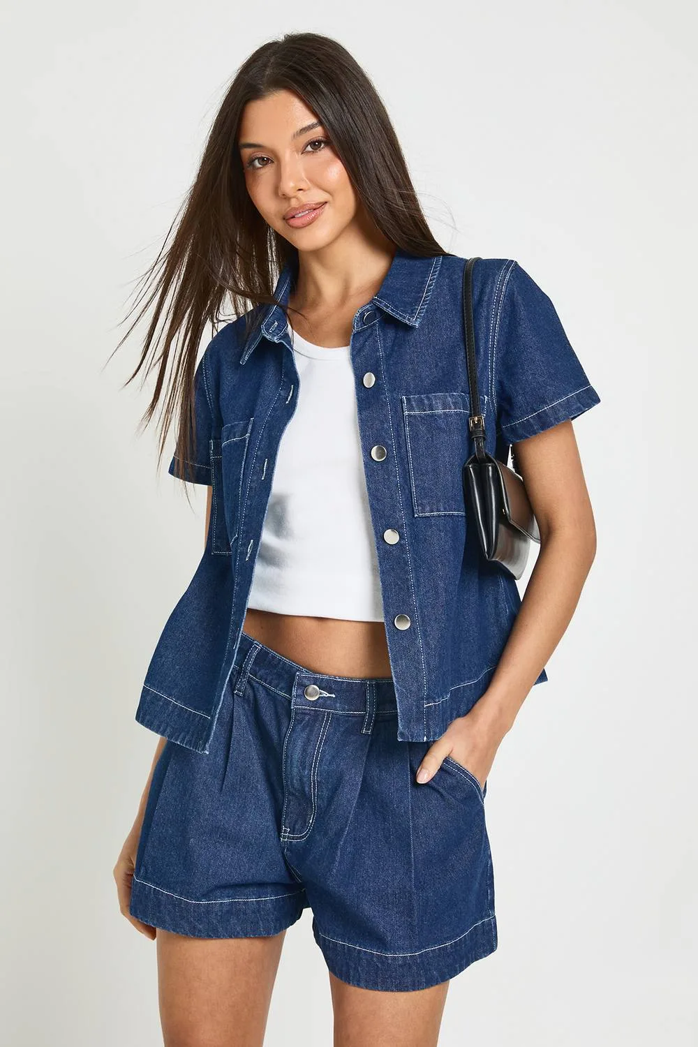 Pleated Flippy Denim Short by boohoo