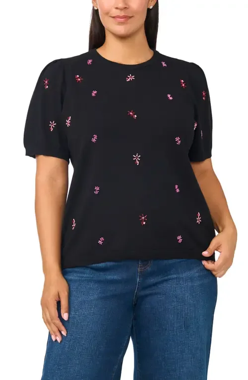 Puff Sleeve Beaded Cotton Sweater by CeCe