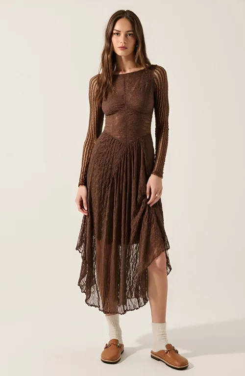 Mixed-Lace Paneled Boat-Neck Drop-Waist Midi Dress