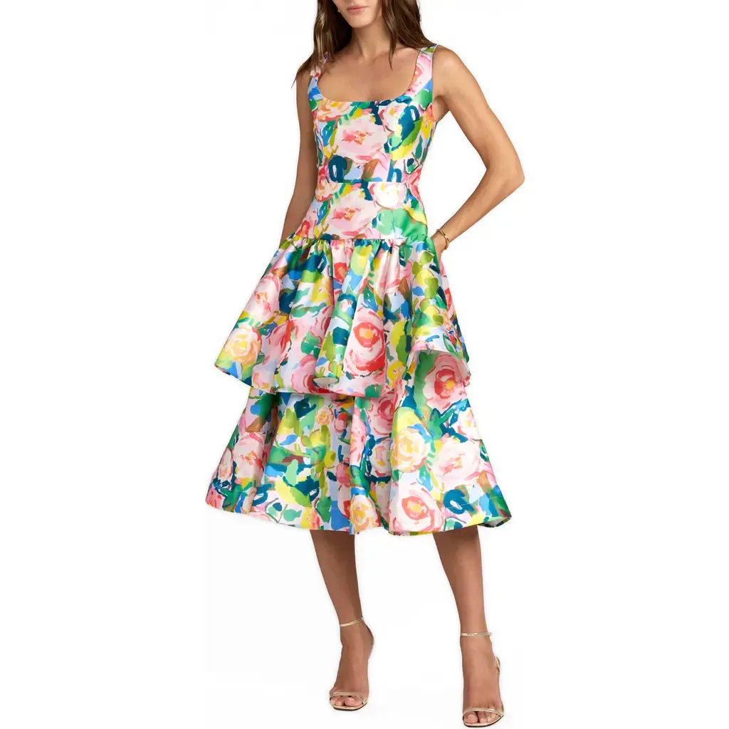 Floral Mikado Sleeveless Ruffle Midi Dress by Mac Duggal