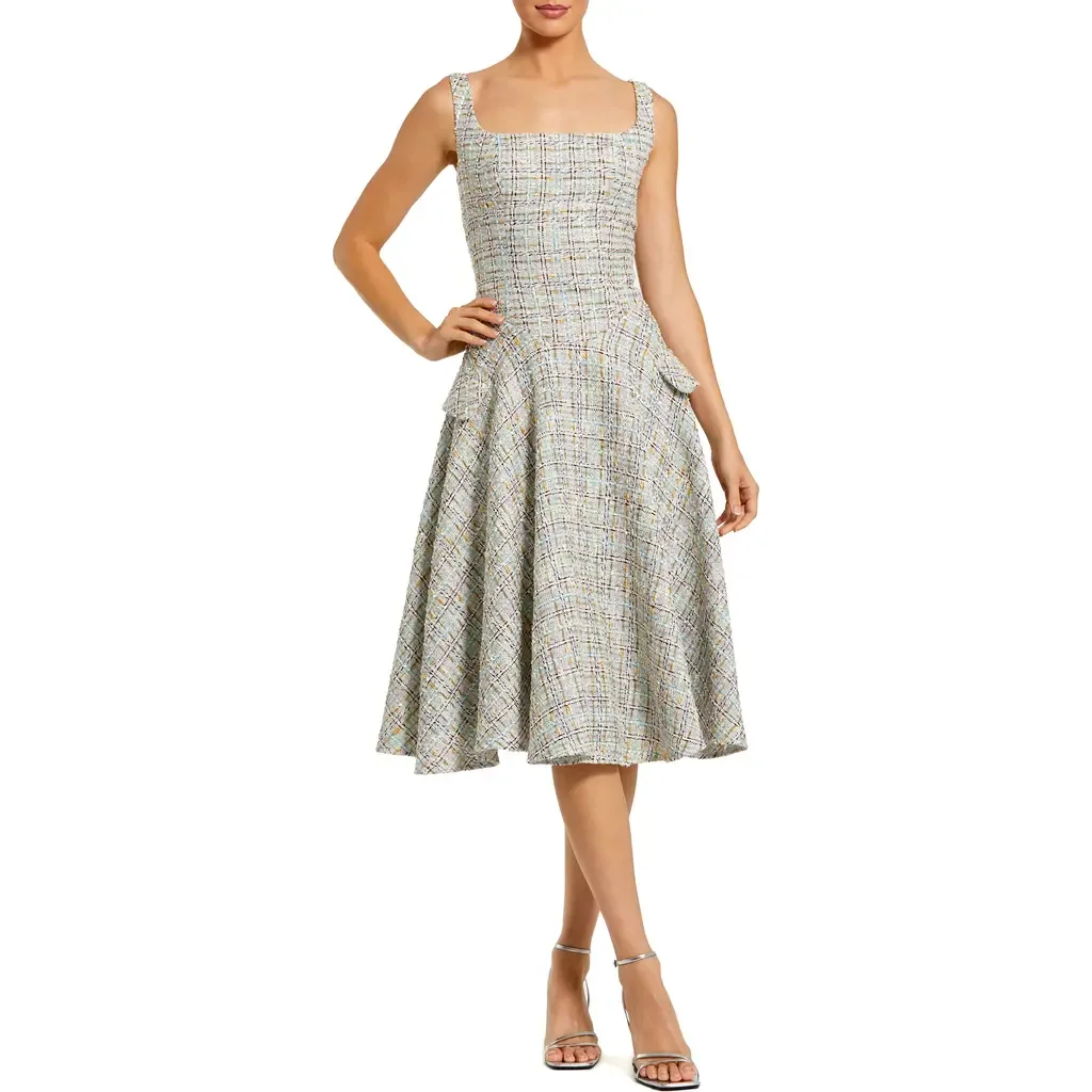Sleeveless Drop Waist Boucle Midi Dress by Mac Duggal