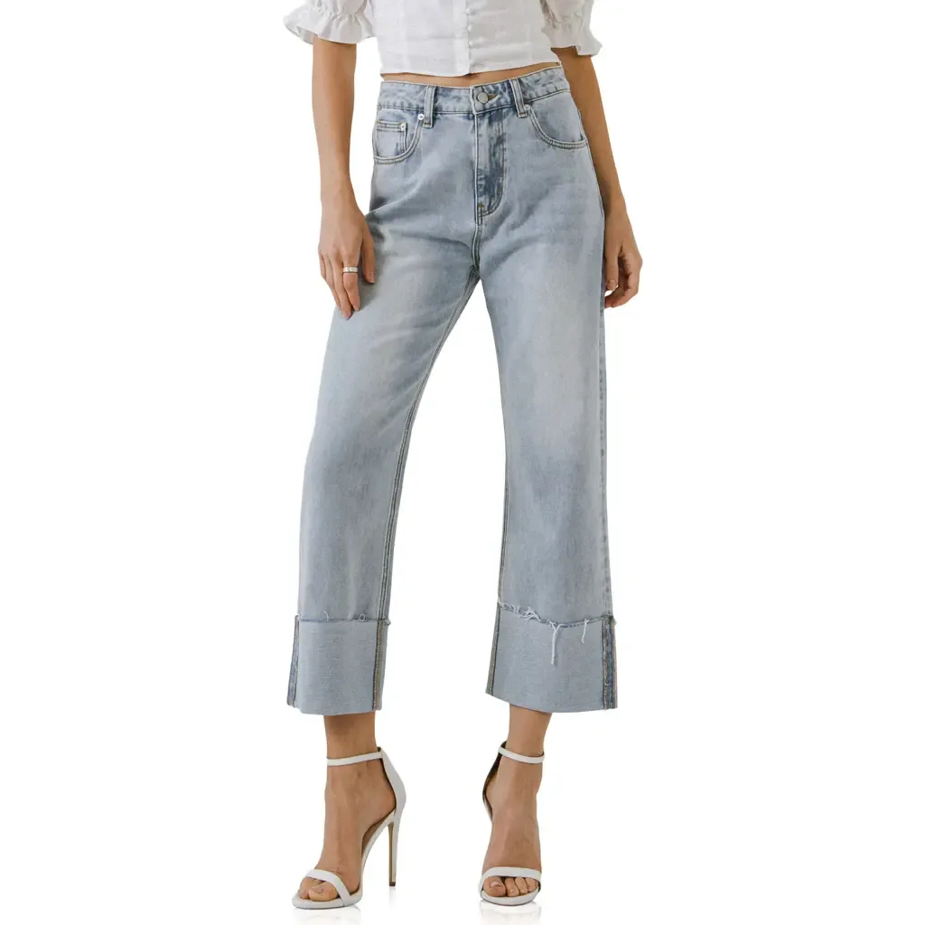 Frayed Cuff Straight Leg Ankle Jeans - Denim by Grey Lab