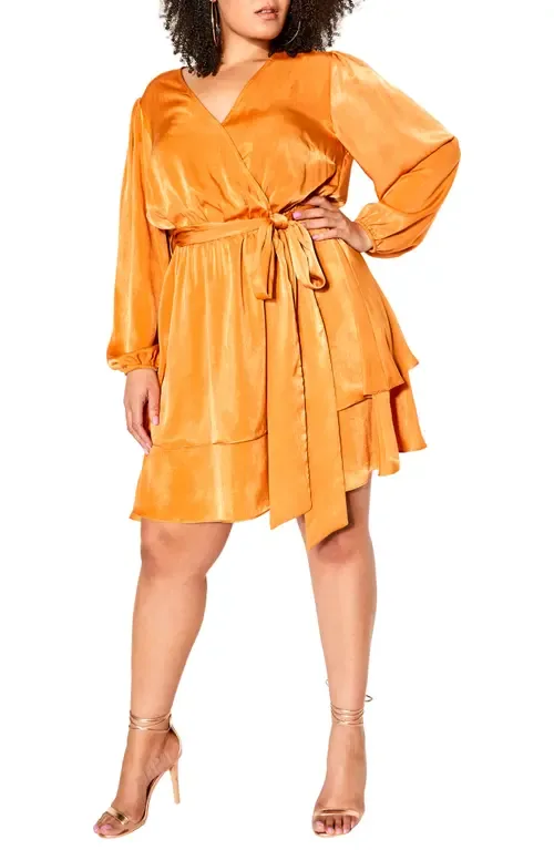 Long Sleeve Faux Wrap Dress by City Chic
